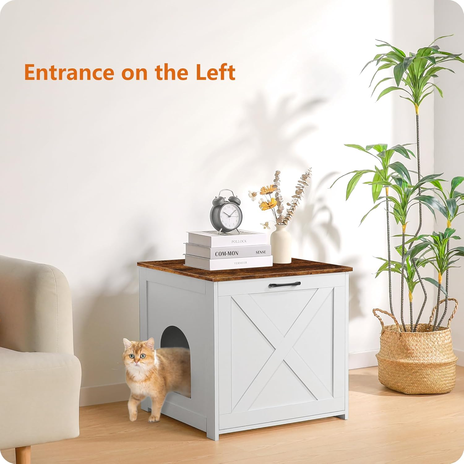 Dwanton Cat Litter Box Furniture Hidden, Cat Litter Box Enclosure, Reversible Entrance Can Be on Left or Right Side, Indoor Cabinet, Wooden Washroom, End Table, White and Rustic Brown, 23.6" L image number 4