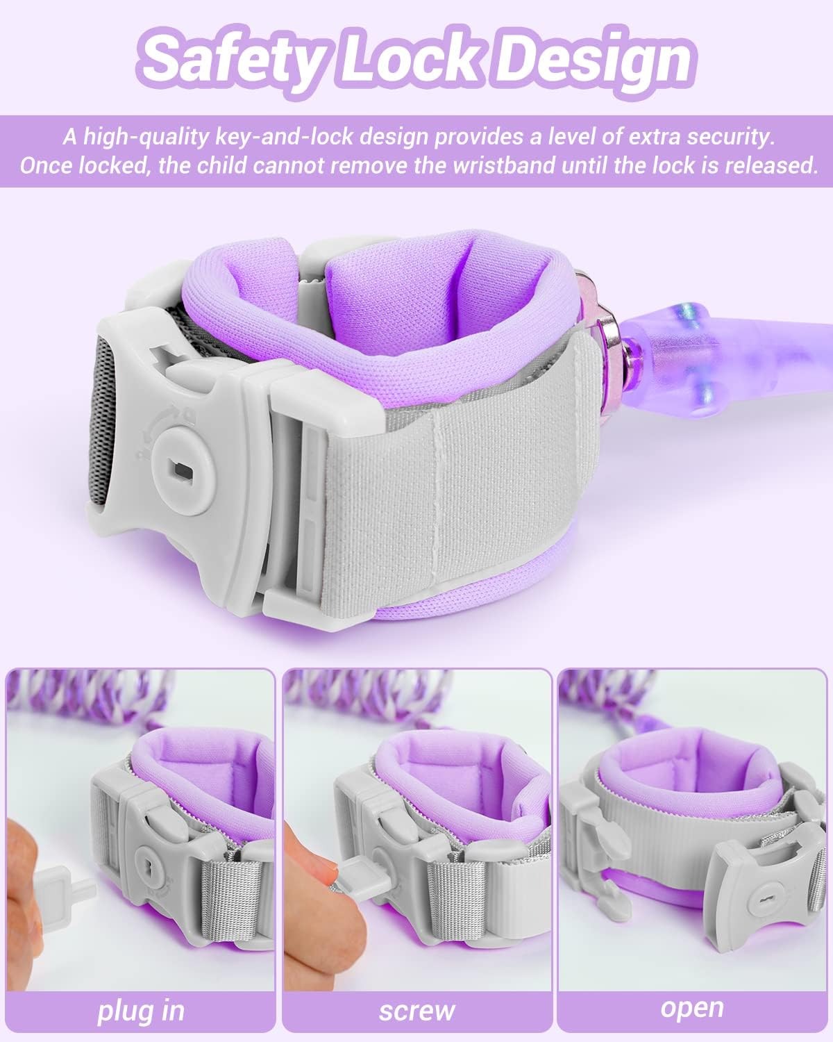 Dr.Meter anti Lost Wrist Link, 2 Pack Toddler Safety Leash with Key Lock, Reflective Child Walking Harness - Dual 8.2Ft Length Pink & Purple Kids Leash for Outdoor, Kids Travel Essencials image number 5