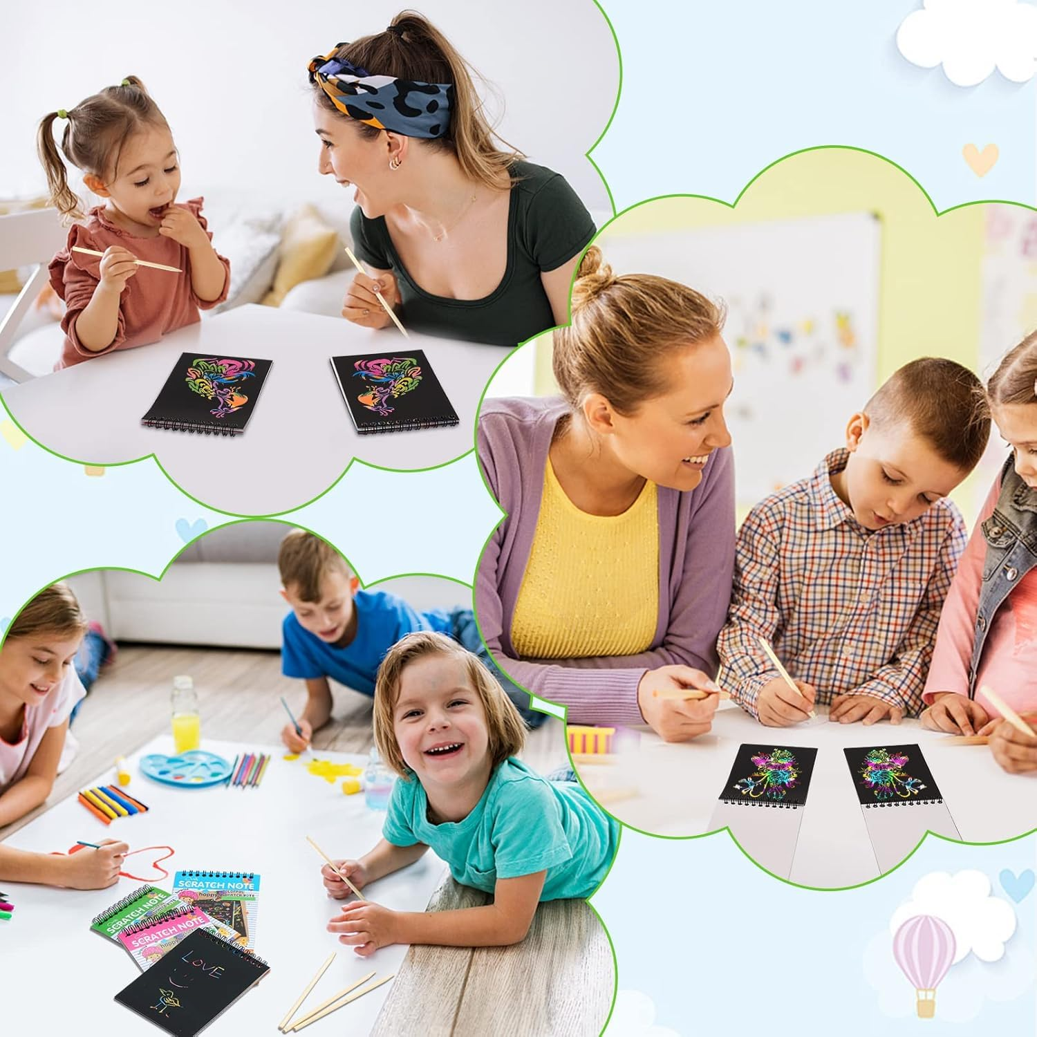 8 Pack Rainbow Scratch Notebooks with Wooden Styluses - Ideal for Kids' Party Favors, Arts & Crafts