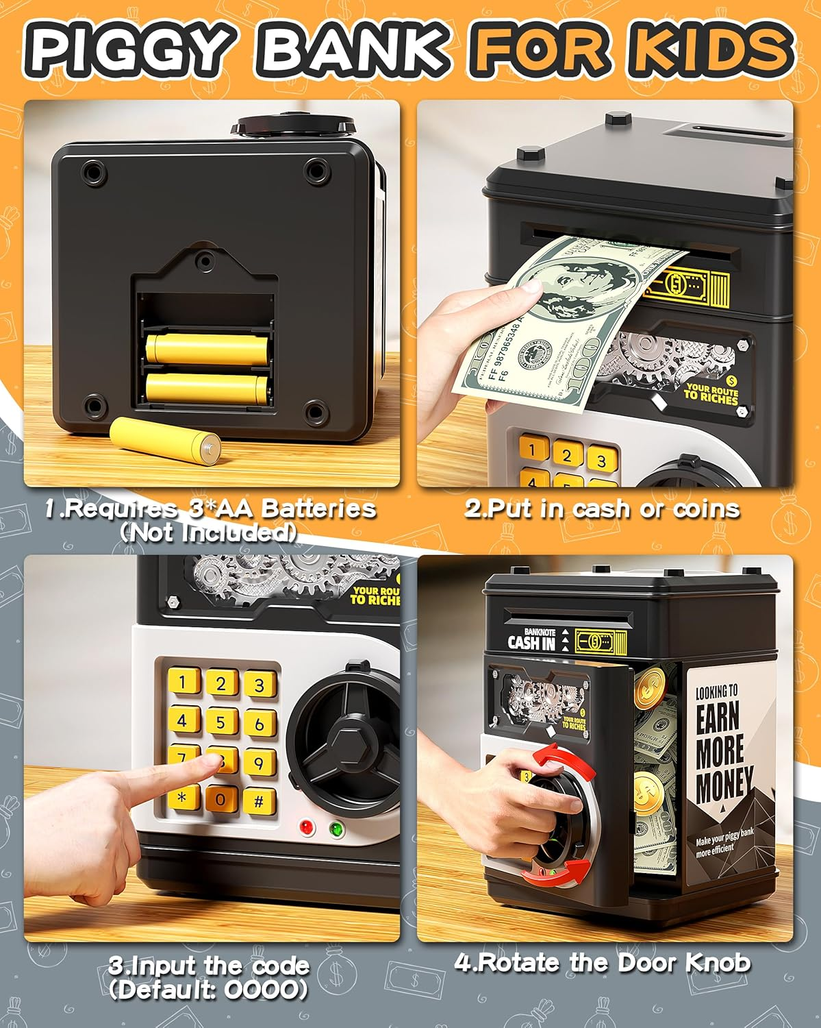 Piggy Bank for Kids Boys 5-13 with 4 Saving Record Cards, Kids Money Safe Banks for Real Money with 4-Digit Password, Electronic Piggy Bank Toys for Boys Girls with Atm-Style Cash Slot, Black