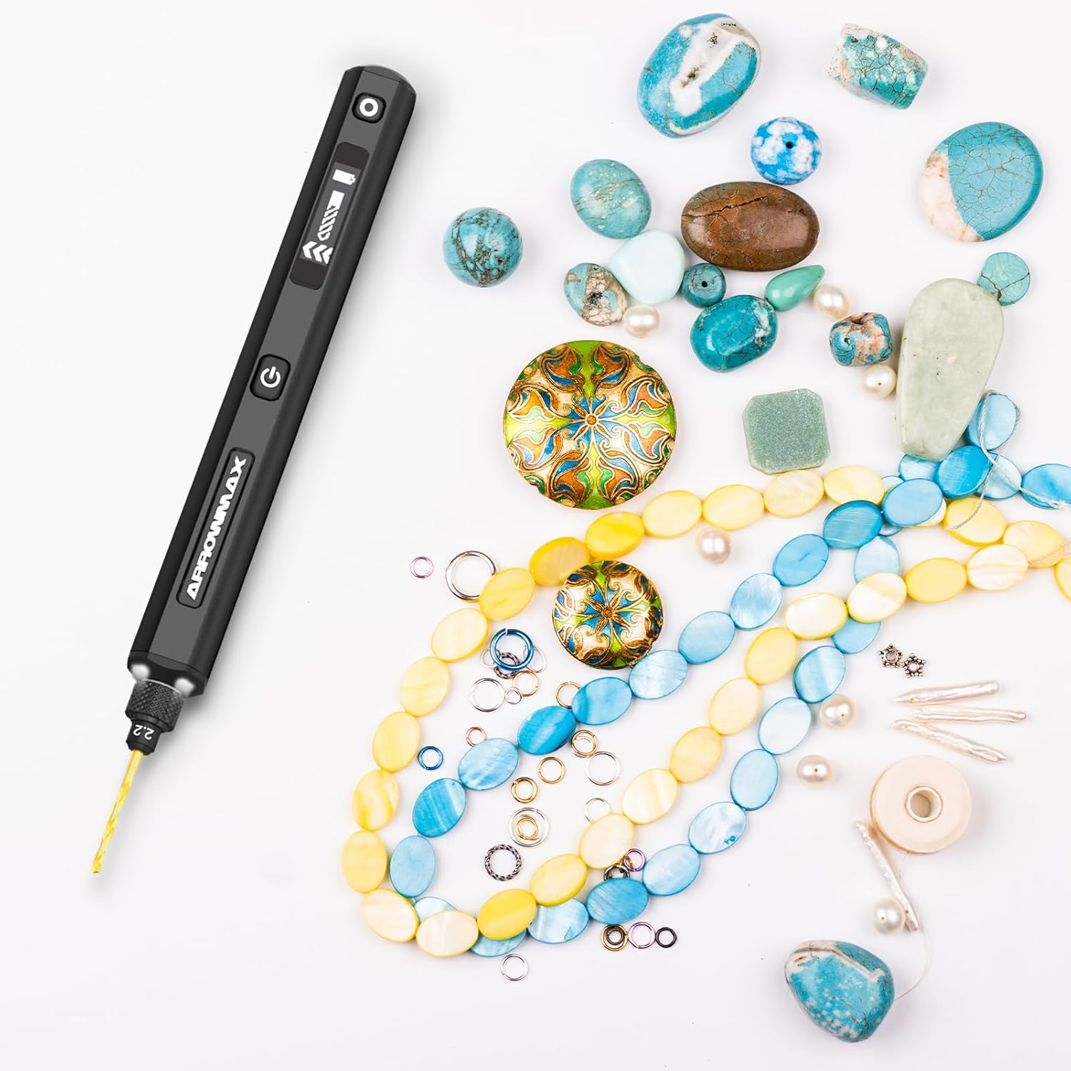 AM ARROWMAX Mini Electric Drill Pen, 5-Speed, 10 Small Drill Bits with Aluminium Box, LED Lights, OLED Display, Resin Mini Drill Set for Jewelry Making, Plastic, Wood (SDS), Black image number 4