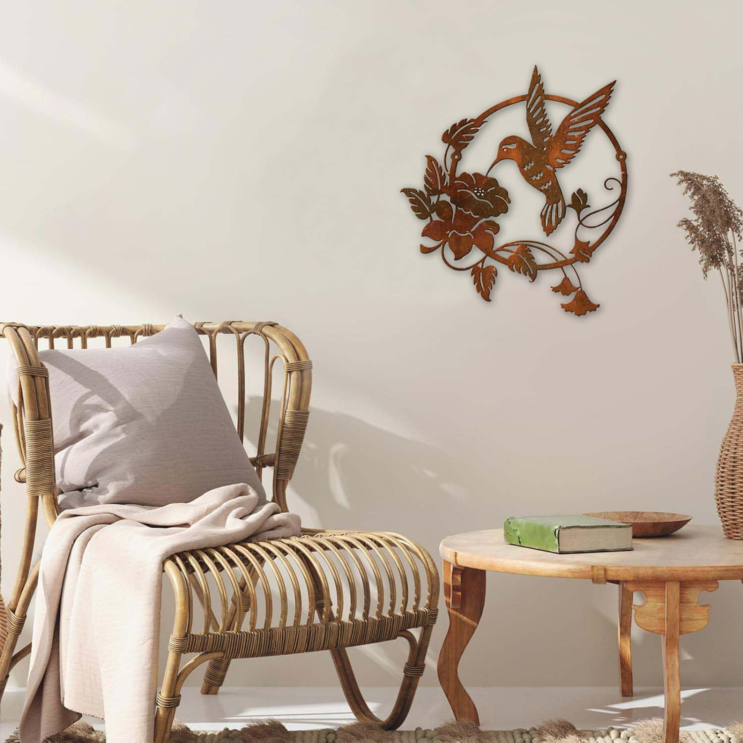 Round Metal Bird Wall Art Decor - Hummingbird Wall Art Silhouette for Your Patio, Garden, and Fence Art Decor, Bird Wall Silhouette Indoor and Outdoor Hanging (Brown) - Yellow image number 7