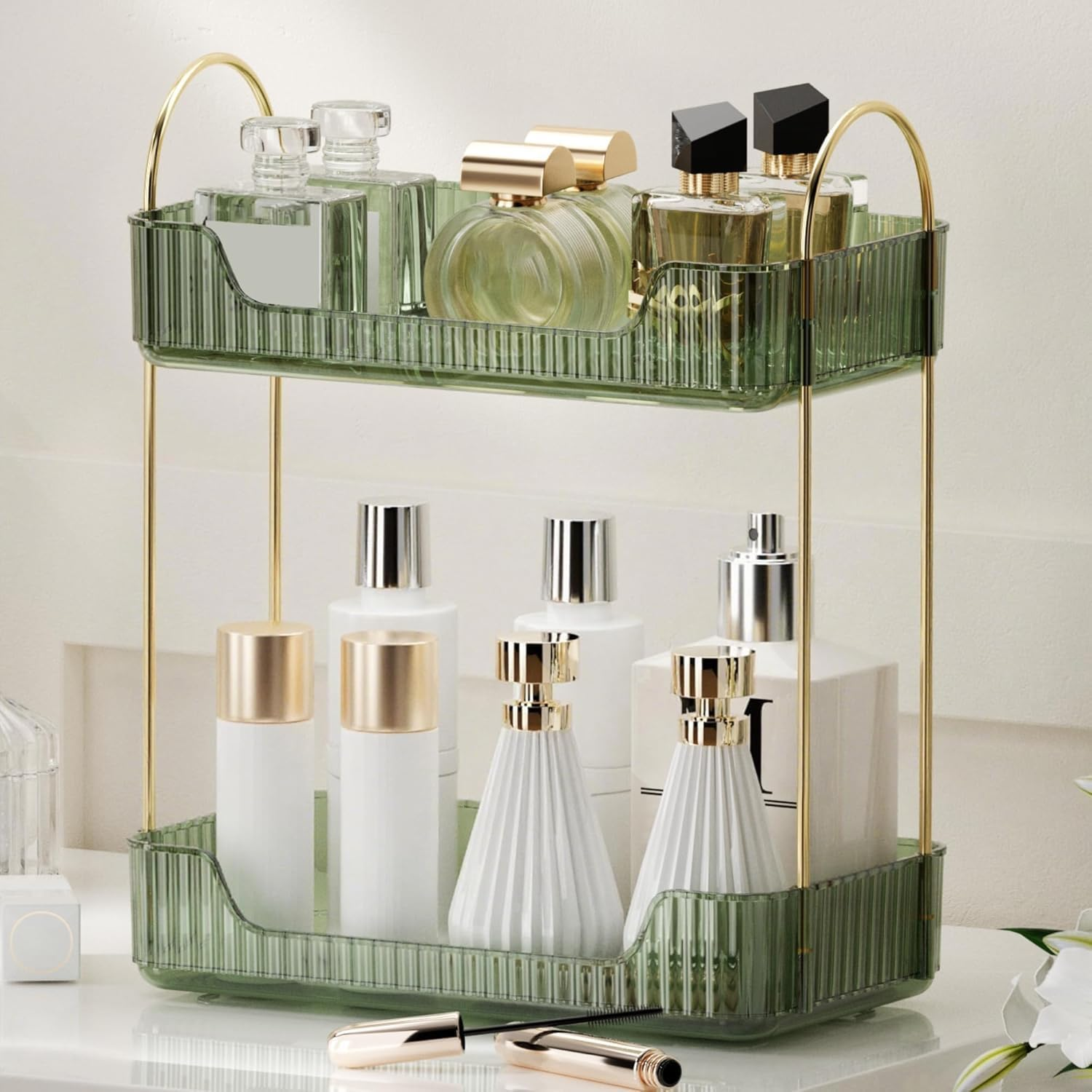 Ycia&Done 2-Tier Bathroom Organizer Countertop - Vintage Green Makeup Storage Tray for Skincare, Perfume & Vanity Counter (Large Capacity) image number 4