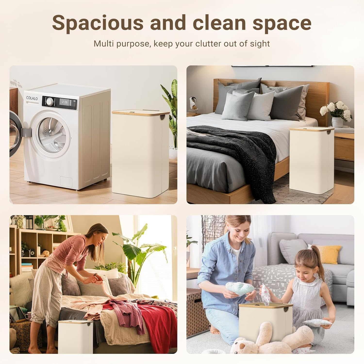 Cozi 100L Large Laundry Hamper with Lid & Bamboo Handles, Tall Dirty Clothes Basket W/Removable Inner Bag &ndash; for Bedroom, Bathroom, Dorm, Laundry Room (Beige, 40.5 &times; 33 &times; 75Cm) image number 2