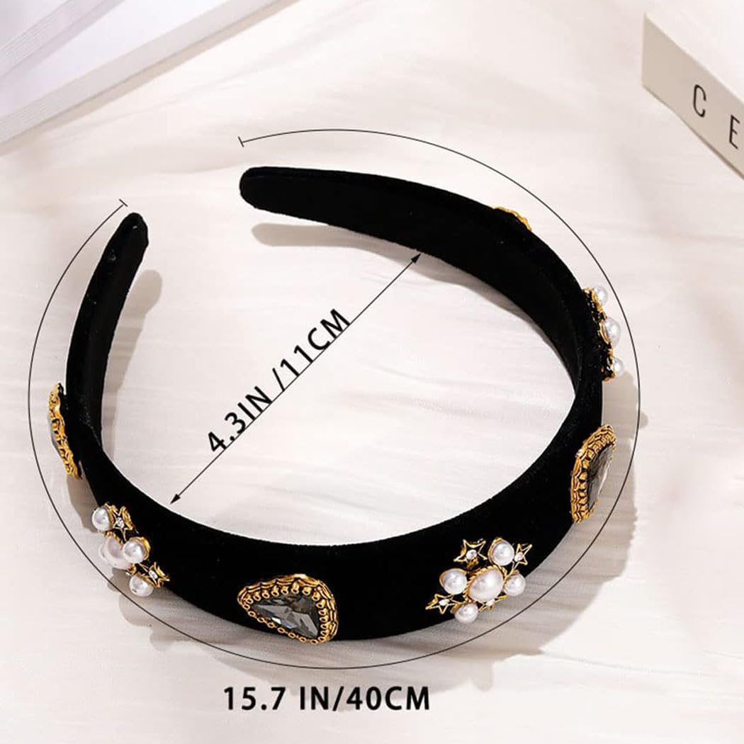 Sinalty Black Baroque Wide Headbands Rhinestone Pearl Hairband with Beaded Hair Ties Vintage Velvet Crystal Hair Band Party Headpieces for Women (Elegant)