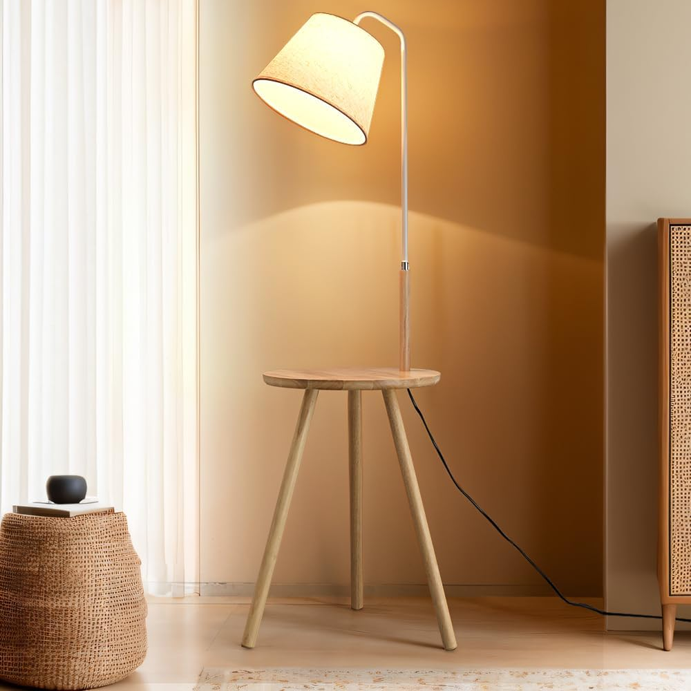 Krear Floor Lamp with Table, Tripod Wooden Lamp for Study Living Room, Foot Switch Standing Light Coffee Table Tall Lamp Natural image number 5