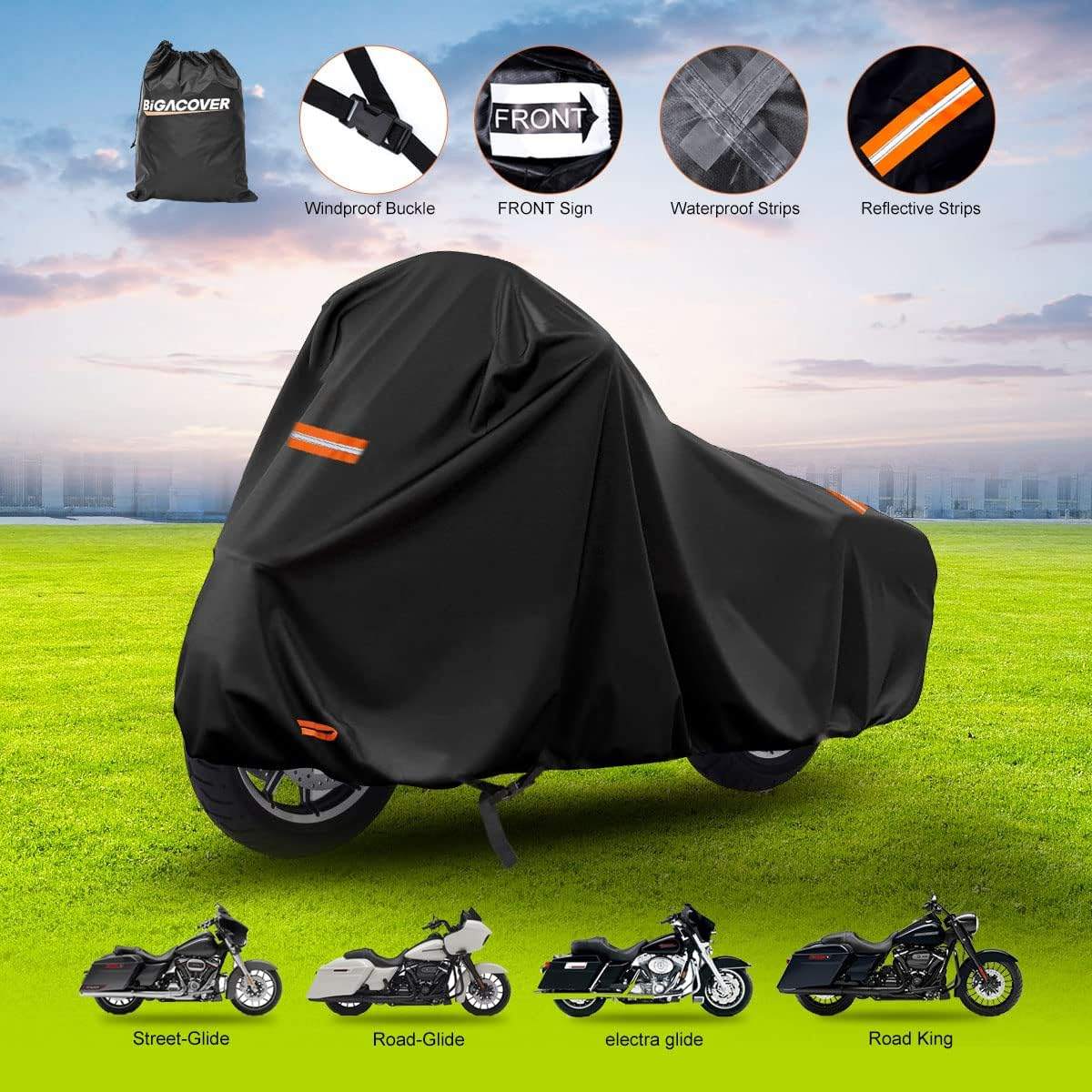 420D Motorcycle Cover for Harley Davidson Touring Models Road King, Road Glide, Street Glide, Electra Glide, Heritage Classic, Low Rider Outdoor Bike Cover Waterproof Fits up to 118&rdquo; Motorcycle image number 3
