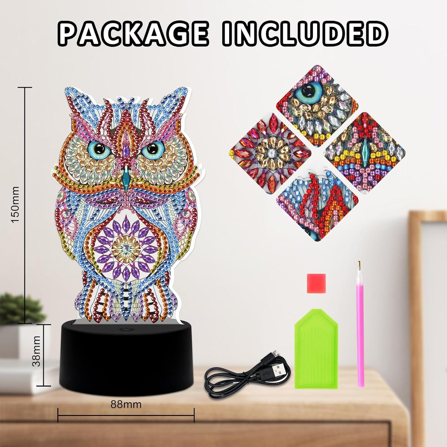 ZUNGGWOK Diamond Painting Kits for Girls 3D Painting Craft Kits Night Lights,Diy Art Kits for 6 7 8 9 10 11 12 Year Old Girls Boys Birthday Gift - Owl image number 1