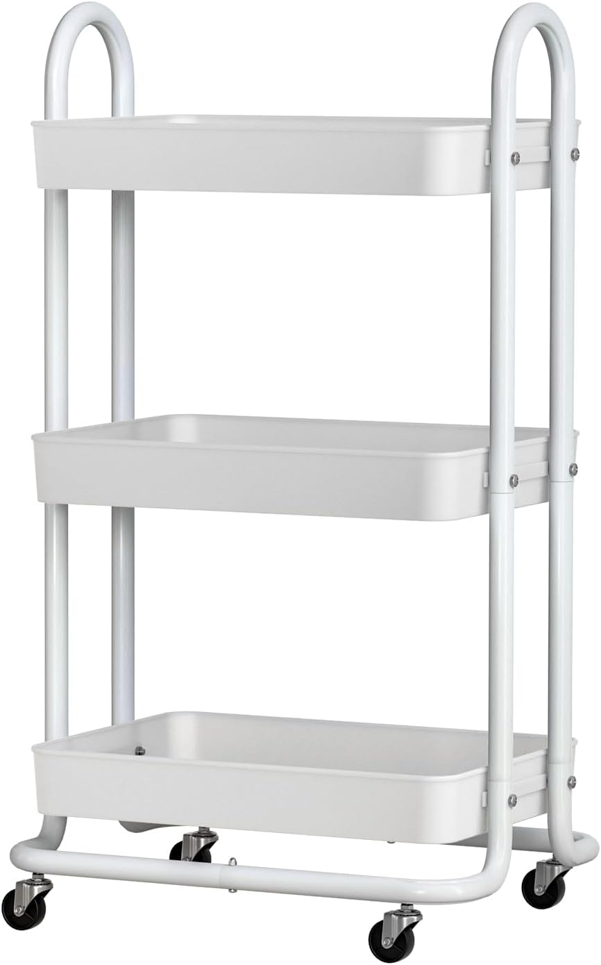 Artiss 3-Tier Kitchen Trolley, Steel Frame Kitchens Storage Rolling Trolleys Cart with Wheels Rack Shelf Organiser, Home Bathroom Wardrobe Laundry Storage Organization Bonus 4 Hooks White image number 3