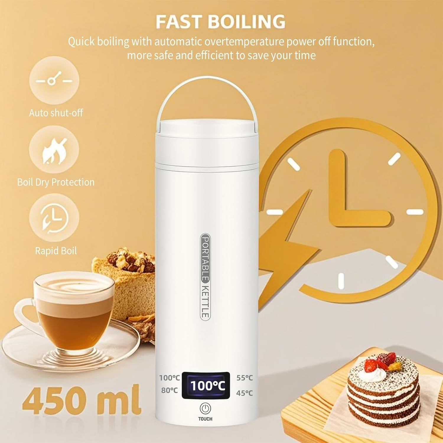 Mini Travel Electric Kettle 450ML, 4 Temperature Settings, Double Wall 316 Stainless Steel, Portable Hot Water Boiler for Hotel/Office, with Storage Bag and Cleaning Brush image number 3