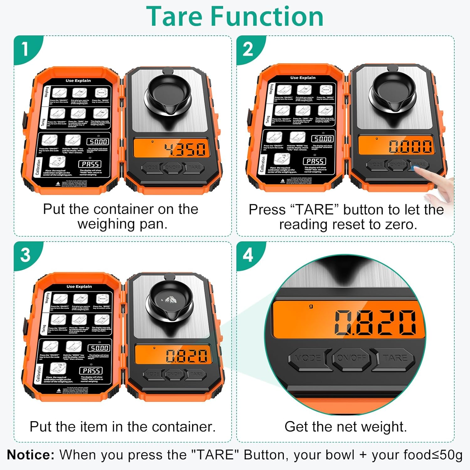 ORIA Digital Pocket Scale, 50G/0.001G Professional Milligram Scale, Portable Kitchen Scale with 6 Units, Calibration Weight, Backlight, Tare Function, Mini Scale for Food,Tablets, Jewelry -Orange - Blue image number 3