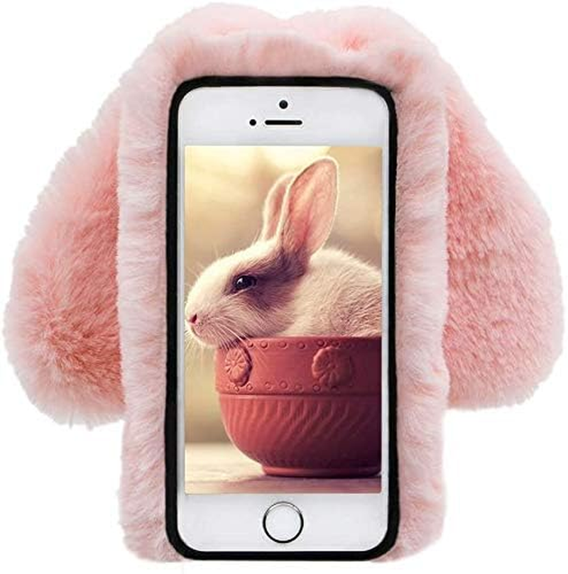LCHDA Rabbit Case for Iphone SE 2Nd Generation/Iphone 8/Iphone 7(4.7"), Bunny Ear Case for Girls Fuzzy Cute Warm Winter Soft Furry Fluffy Fur Hair Plush Protective TPU Bumper Skin Cover - Pink - Black image number 5