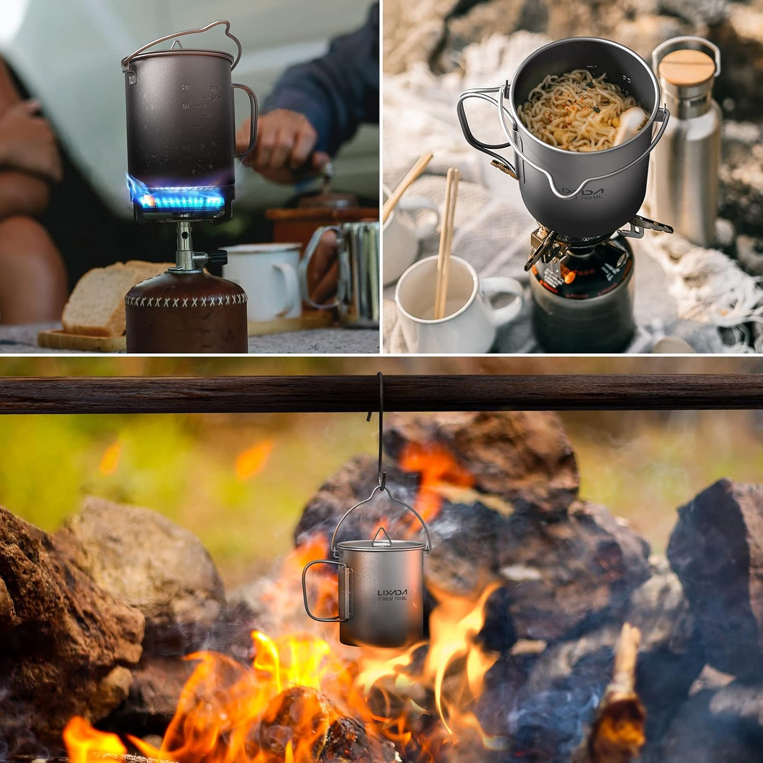 Light 750Ml Titanium Pot Portable Titanium Water Mug Cup with Lid and Foldable Handle Outdoor Camping Cooking Picnic image number 5