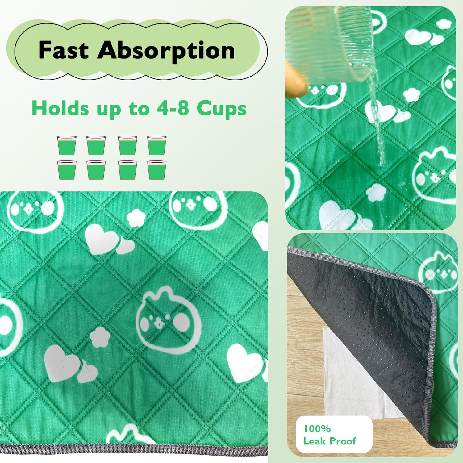 Mooydee 2 Pack Guinea Pig Bedding - Washable Guinea Pig Cage Liners, Waterproof Reusable & anti Slip Pee Pads Super Absorbent Mats for Small Animals Pet Rabbit Bunny Hamster Rat (Green, 57 X 28 Inch) image number 2