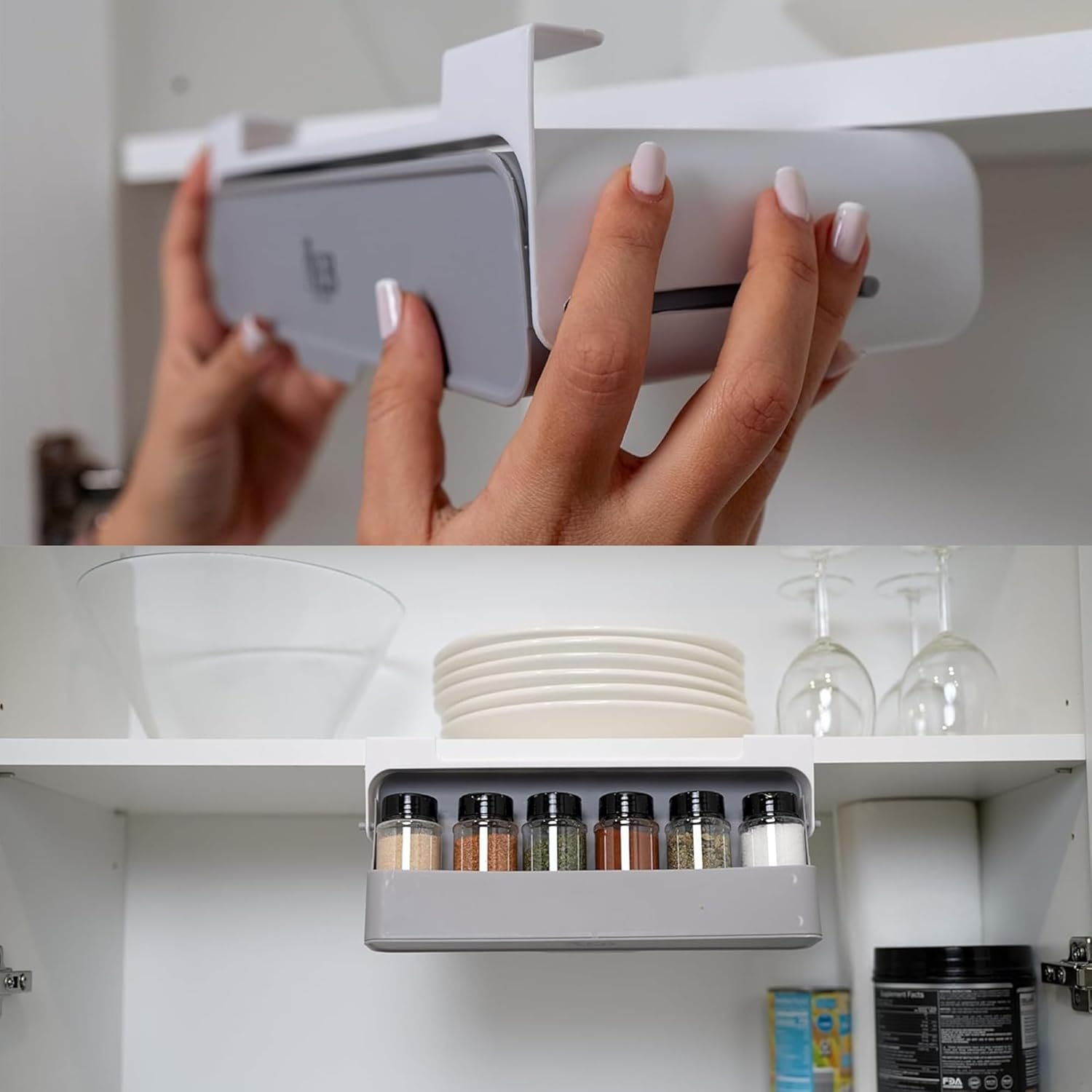 Drimzate Expandable under Cabinet Spice Rack, Pull down Slide Rack with 6 Plastic Spice Jars, 8X20Cm, for Kitchen Food Storage image number 4