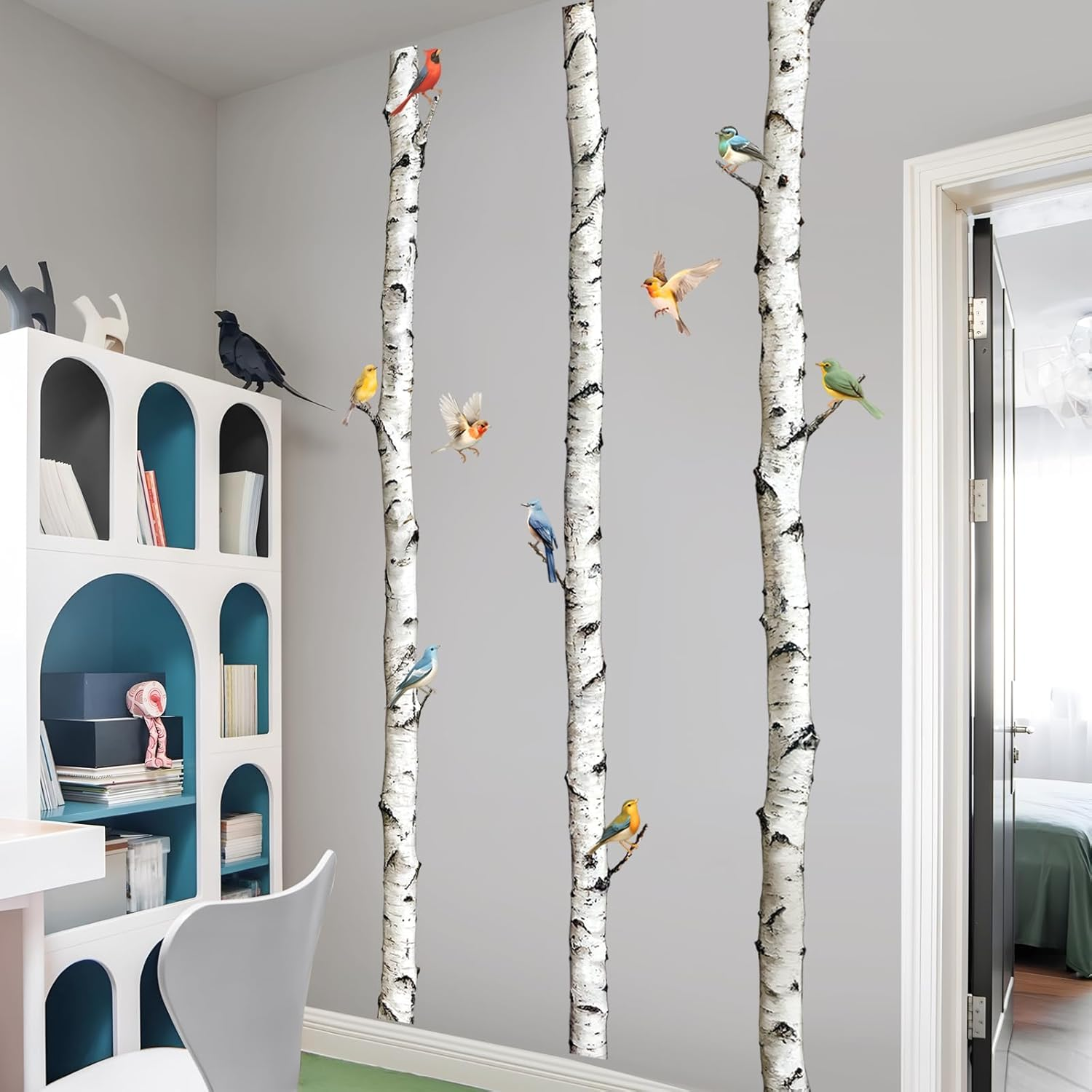 95" Tall Birch Tree Wall Decals 3 White Aspen Trees Flying Birds Wall Stickers Peel and Stick Birch Trunk Wall Art Decor for Bedroom Living Room Kitchen Sofa TV Backdrop Wall Decoration image number 2