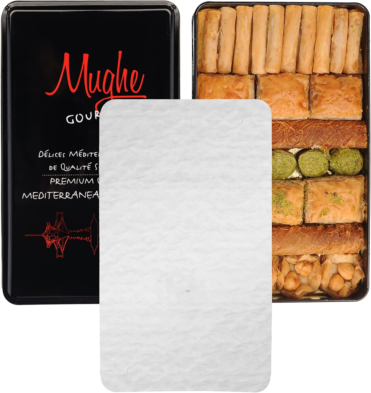 Mughe Gourmet Luxury Assorted Baklava Pastry Elegant Metal Gift Box 1.32Lb/600Gr - Pistachio, Walnut, Cashew, Hazelnut Dessert Gifts Bitesize Turkish Baklawa - Perfect for Birthday, Christmas and More image number 5