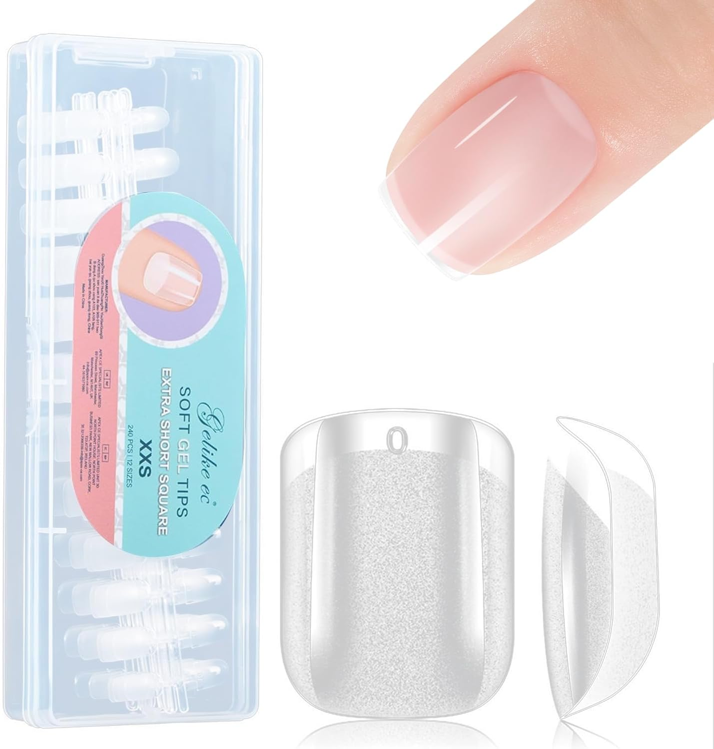 Gelike EC Extra Short Soft Gel Nail Tips Kit for Soak off Nail Extensions, Full Cover, Square Shaped, Pre-Buff PMMA Resin, Clear Ultra-Thin Design, 12 Sizes, 240 Pieces - 240-S-Almond image number 5