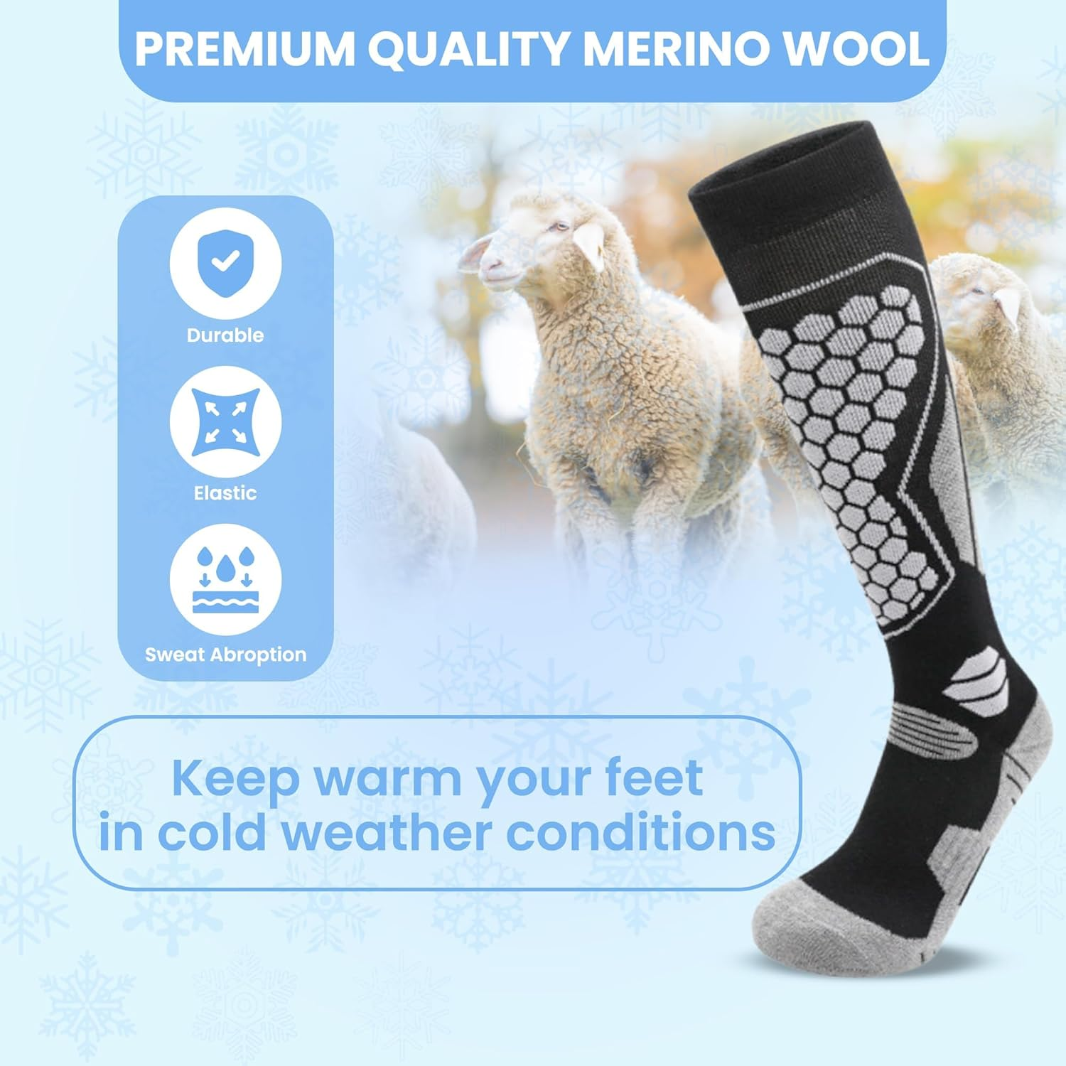 ZANZER Merino Wool Ski Socks - 3 Pairs Thermal Knee High Socks for Snowboarding, Winter Warmth, Cold Weather image number 3
