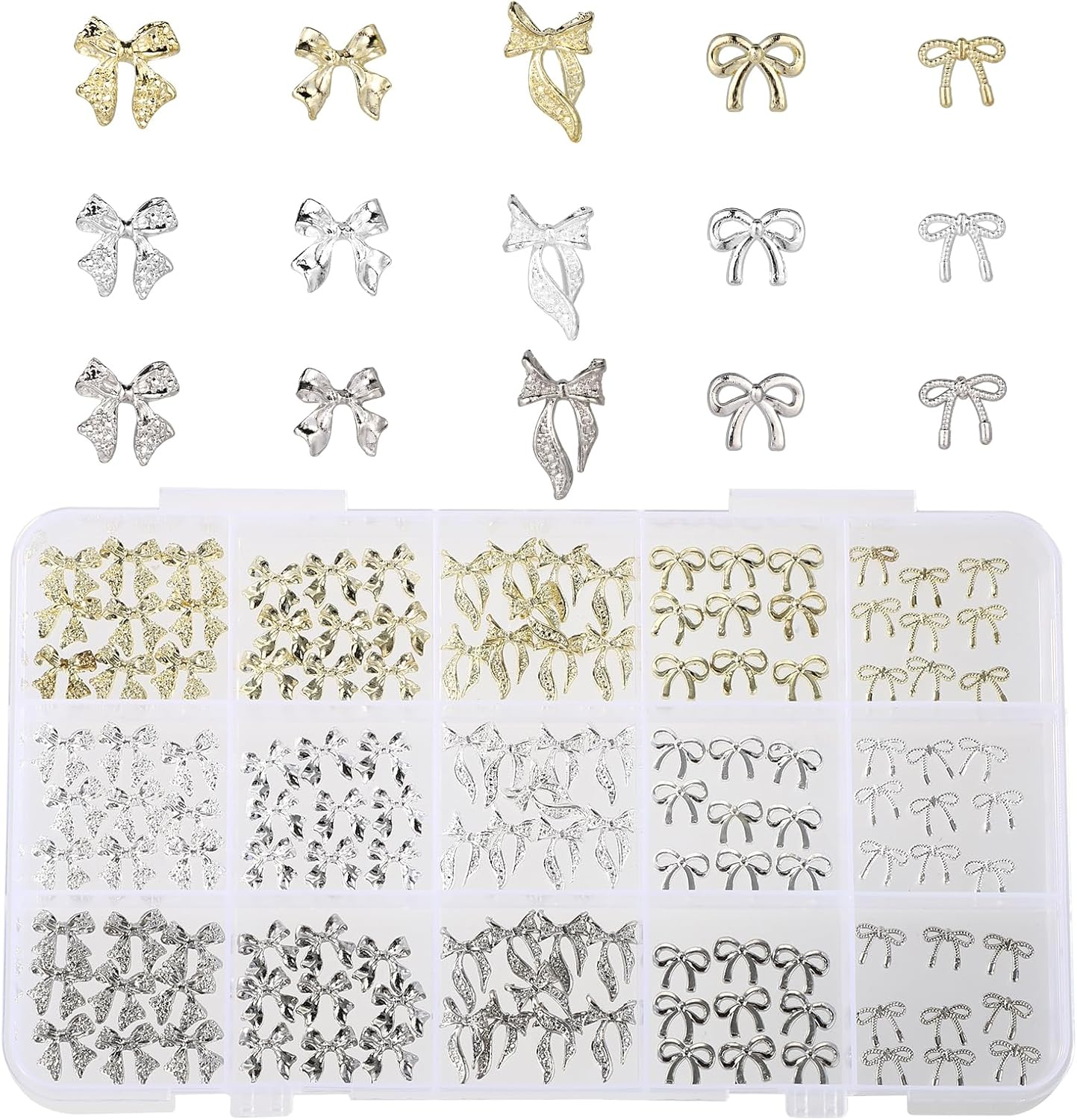135Pcs Metal Bow Nail Charms, 5 Styles of Metal Bow Nails Decoration for Women Fingernail Creative Art Decor and Manicure DIY Accessory image number 4