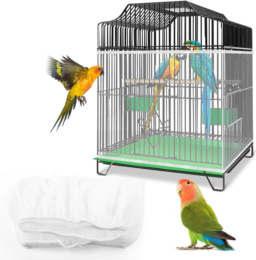JEYORZY 1 X Bird Cage Cover, Adjustable Bird Cage Cover, Bird Cage Seed Catcher, Protective Net for Bird Cages, Parrots, Nylon Mesh, Suitable for Cages with a Circumference of 152-180 Cm, Black-L