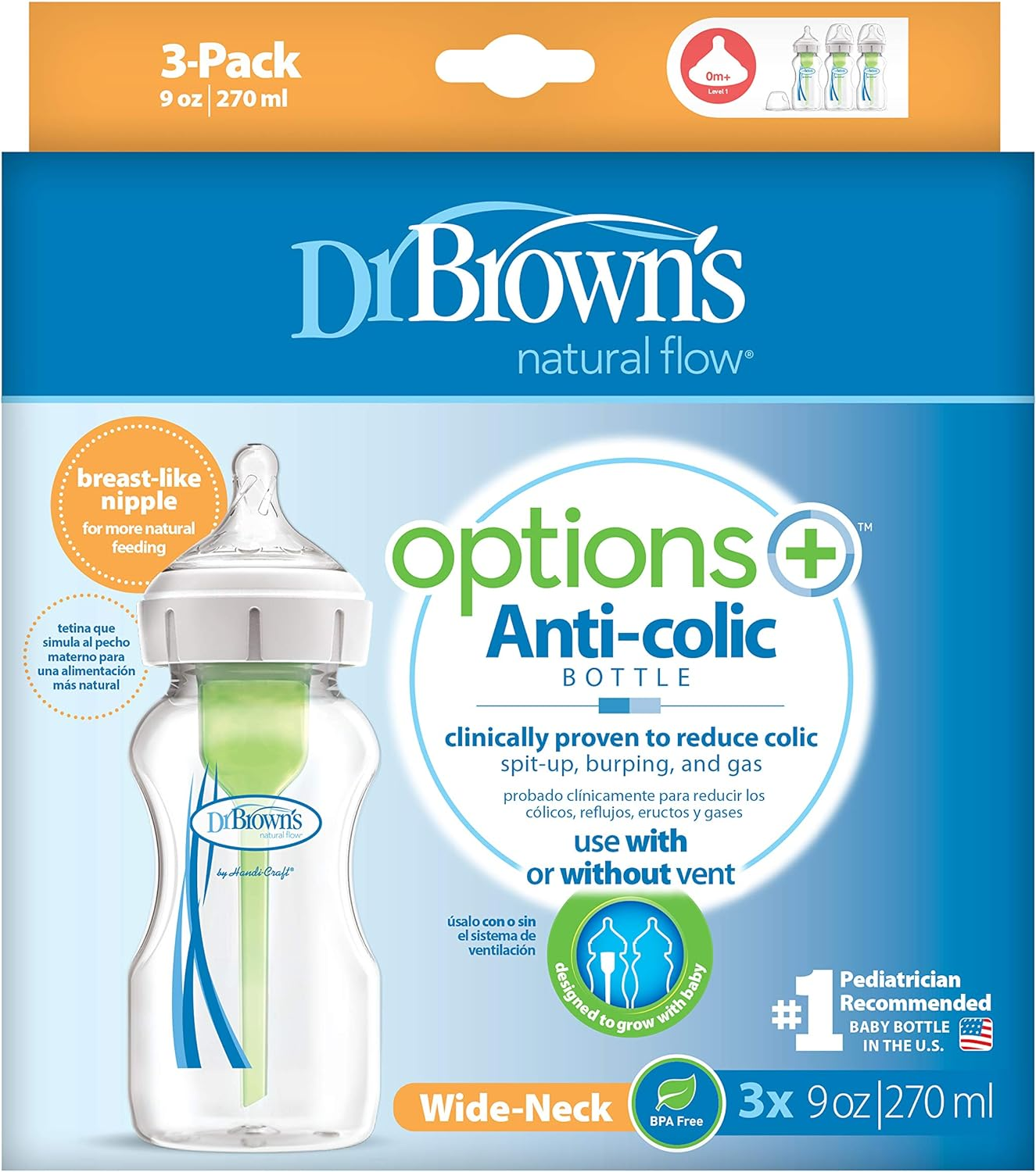 Dr. Brown'S Options plus with Level 1 Teat Wide Neck Feeding Bottle 3 Pack, 270 Ml Capacity, Clear (DRBPLUS-WB93600) image number 3