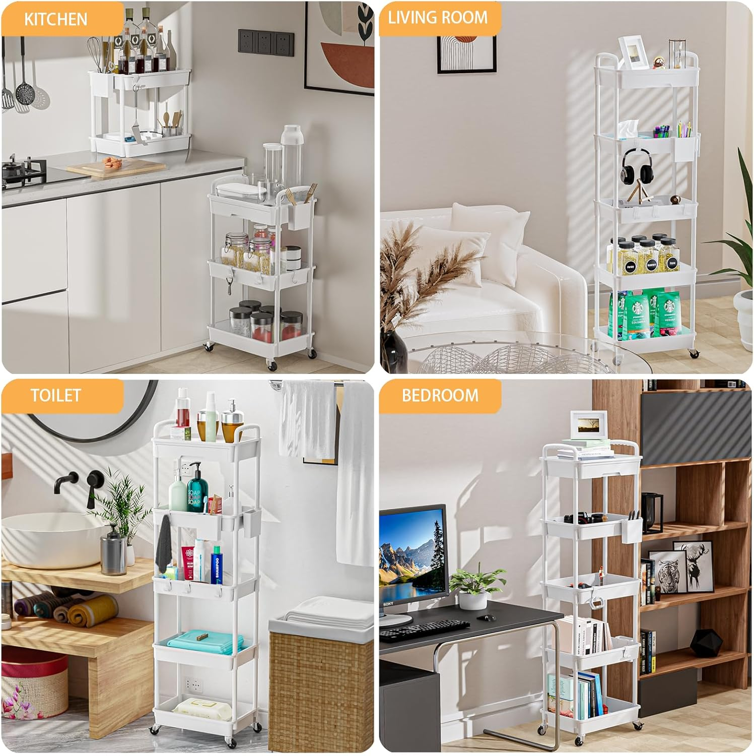 5 Tier Rolling Utility Cart with Drawer,Rebecat Utility Cart Made of Multifunctional Storage Organizer Tool for Kitchen,Bathroom,Living Room,Office(White) image number 2