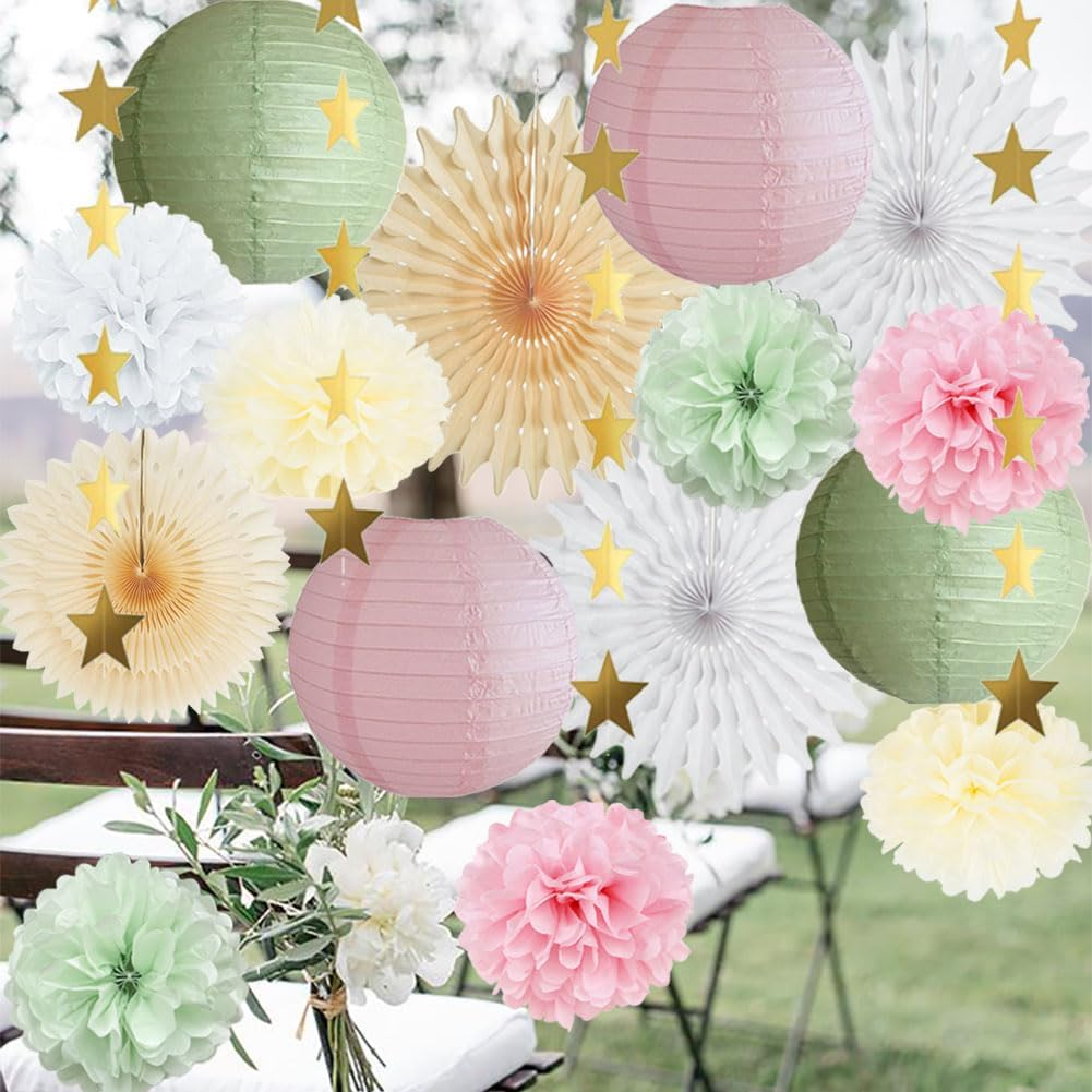 Sage Green Party Decorations Paper Lanterns Decorative Pink Tissue Paper Pom Poms Sage Green and Pink Party Decorations with Gold Star Garland for Baby Shower Bridal Shower Birthday Wedding image number 2