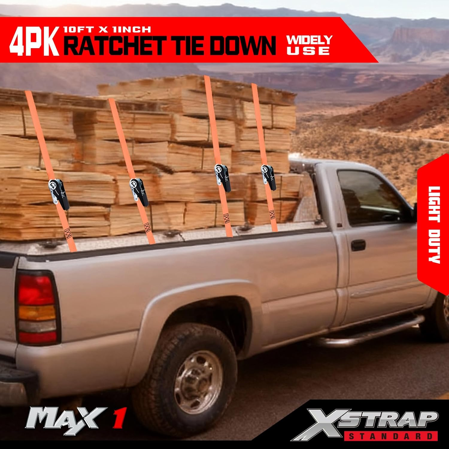 XSTRAP Standard Ratchet Tie down Straps 4PK 10 Ft- 300 Lbs Load Cap- 900 Lbs Break Strength-Cargo Straps for Moving Appliances, Lawn Equipment, Motorcycle Orange