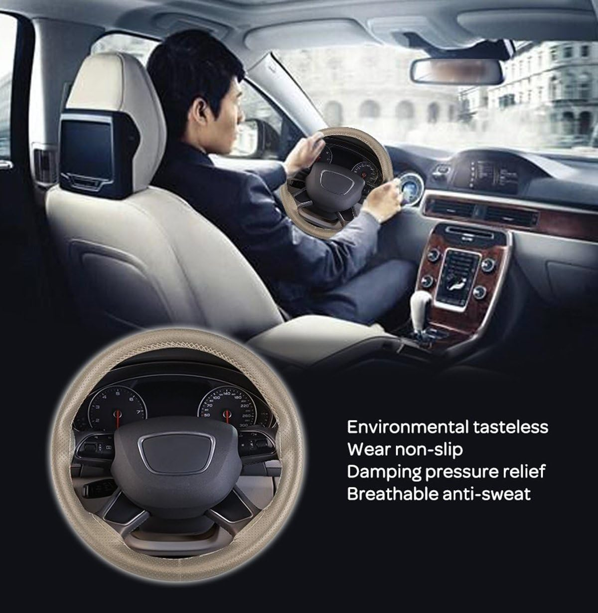 PU Leather Steering Wheel Cover Lace-Up - DIY Stitching, Stitch on Wrap, Universal Fit for 38 Cm Car, Truck, SUV, Pickup, Boat Wheels, Soft Padding, DIY Stitching Kit with Needle and Thread