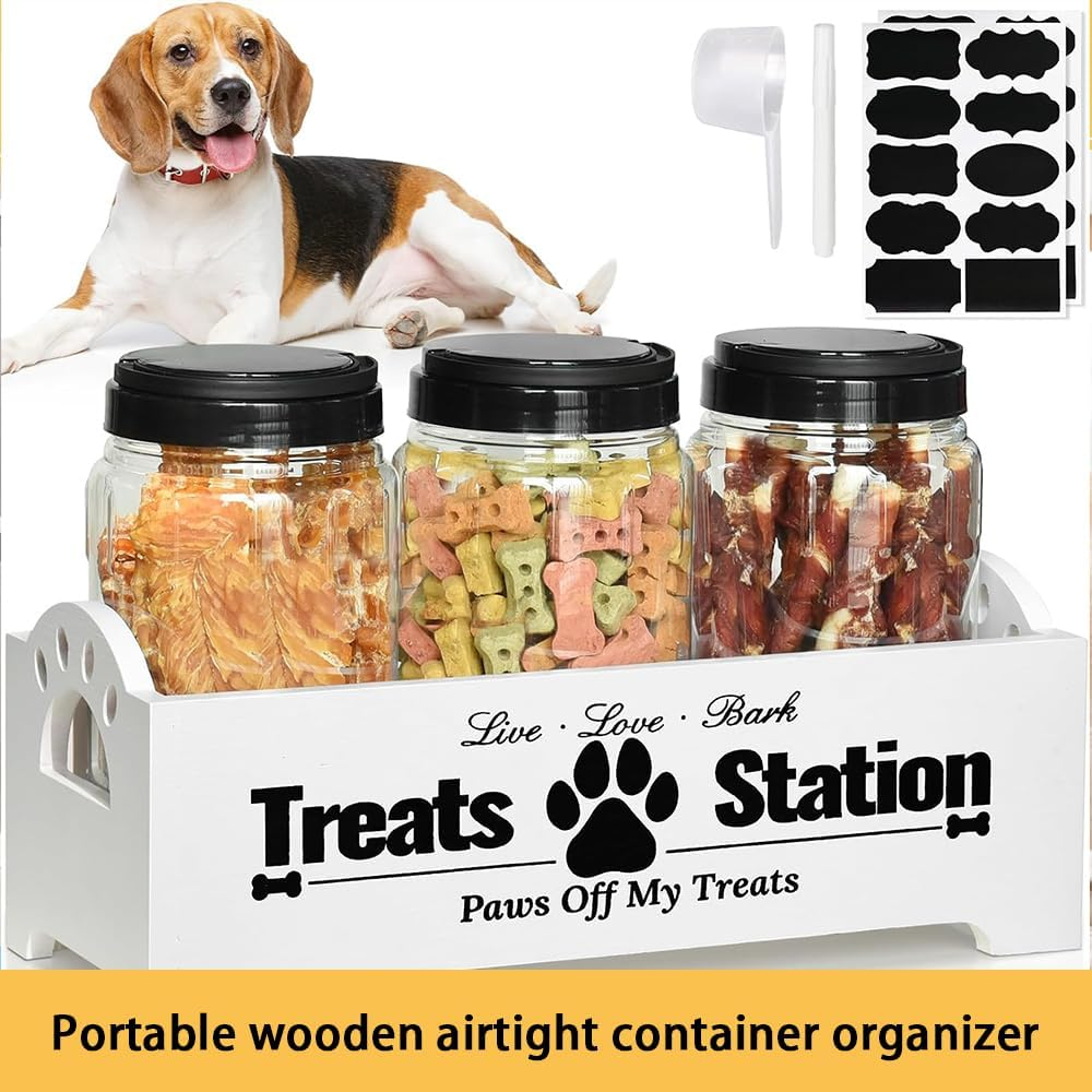 RUTREZOGO Wooden Dog Treat Organizer with 3 Airtight Jars, Pet Food Storage Container for Dogs, Cats, and Small Animals, Farmhouse Dog Treat Holder for Kitchen Counter or Home Decor image number 1