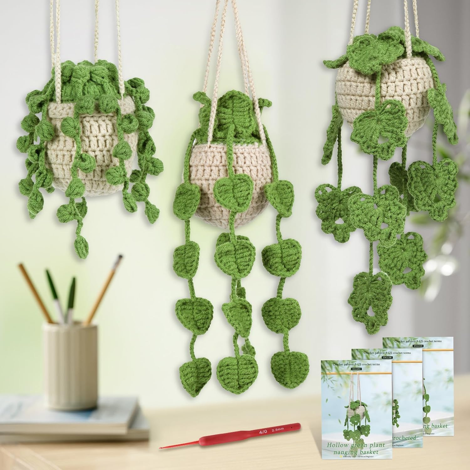 Kdafio Crochet Kit for Beginners, 2 Pcs Hanging Potted Plants Crochet Starter Kit with Step-By-Step Instructions and Video Tutorials Complete Crochet Kit for Beginners Decoration (Leaf Potted Plant)