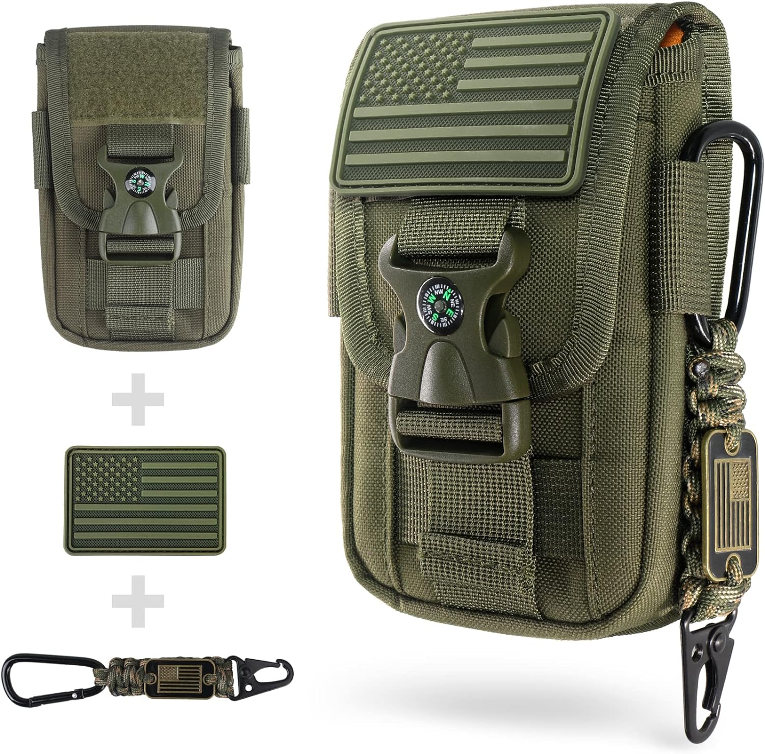 WYNEX Tactical Molle Phone Pouch with Compass Buckle, Tactical Phone Holster Molle Cell Phone Pouch Universal Belt Waist Bag for IP 15/14/13 Pro Max / S22/S21 with US Patch & Paracord Keyring Clip