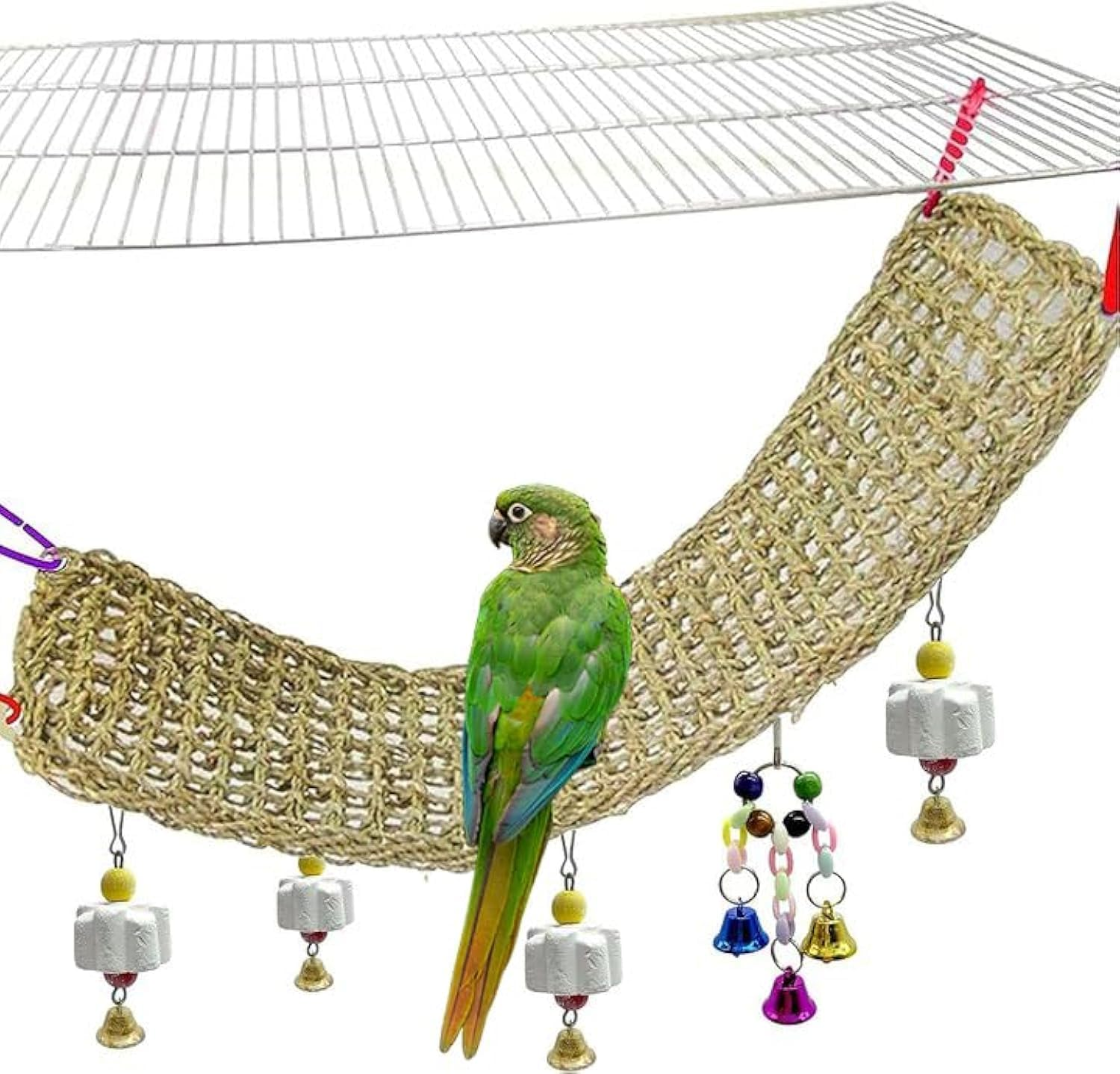 Bird Seagrass Mat,Natural Grass Woven Net Hammock Parakeet Chew Toys Trimming Cage Accessories Climbing Rope Ladder with Hooks Lovebird Cockatiel Conure Budgie,Size 28.3" X 6.7" image number 5