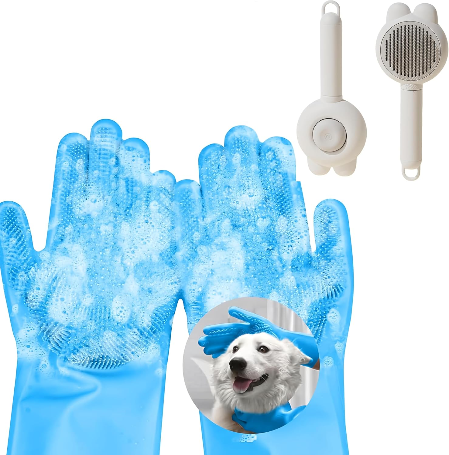 Pet Grooming Gloves + Detangling Comb Set - 5 Finger Massage Mitt for Bathing/Shedding | Gentle Brush for Dogs Cats Rabbits Horses (Enhanced Grip) image number 4