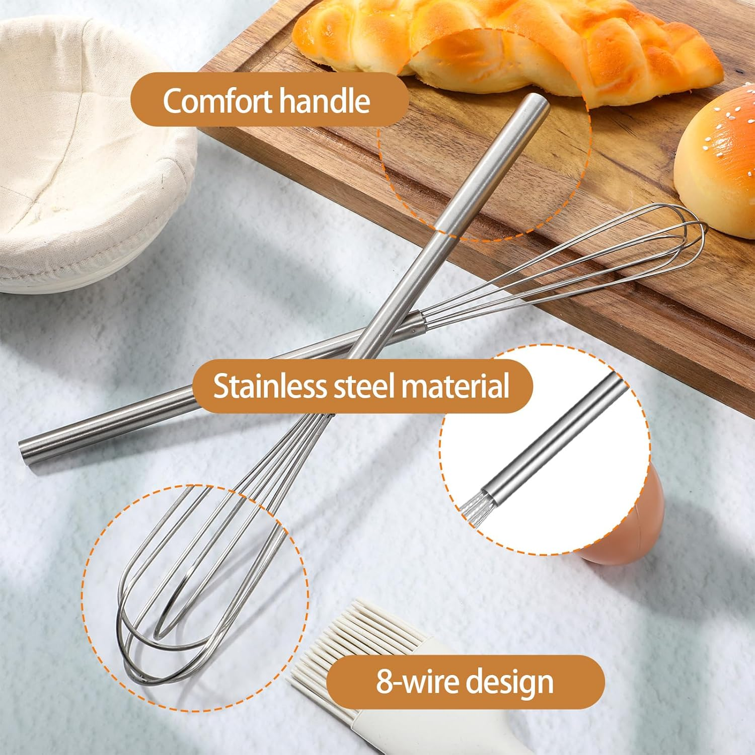 LIQWEI Pack of 2 Small Whisks, 28 Cm Long Manual Whisk, Small Whisk, Mini Stainless Steel Whisk for Can Stir Dough, Stirring, Protein, Beat, Butter, Stirring Cream, Whipping image number 1