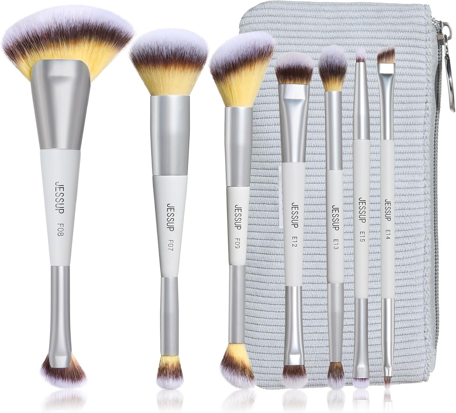 Jessup Makeup Brushes Set 7Pcs Dual Ended Makeup Brush Premium Synthetic Foundation Contour Blush Highlight Blending Eyebrow Eyeshadow Shader Concealer Brush with Bag, Quiet Gray T520 image number 4