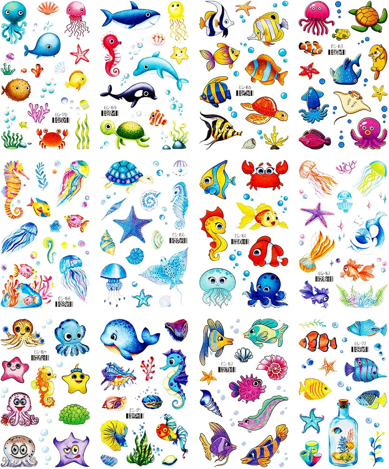 12 Sheets Sea Animals Tattoos, Glitter Underwater Tattoos for Children, Temporary Fake Tattoos with Shark, Octopus, Starfish, Waterproof Party Decoration for Birthday, under the Sea Theme Party And image number 1