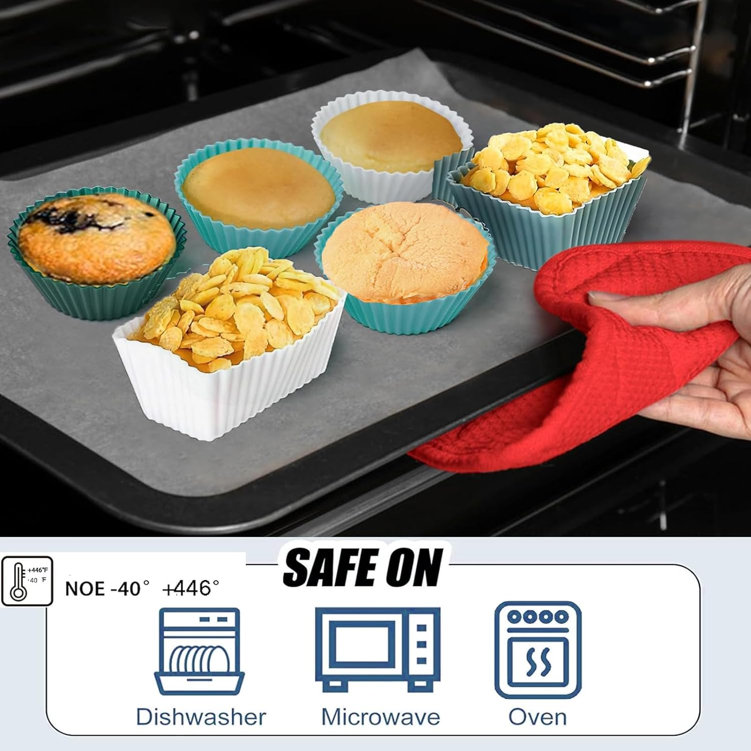 Silicone Cupcake Liners, 48 Pack Reusable Baking Cups, Non-Stick, Heat-Resistant, Round, Square, Rectangular, Green, Perfect for Birthdays, Baby Showers, Social Occasions image number 1