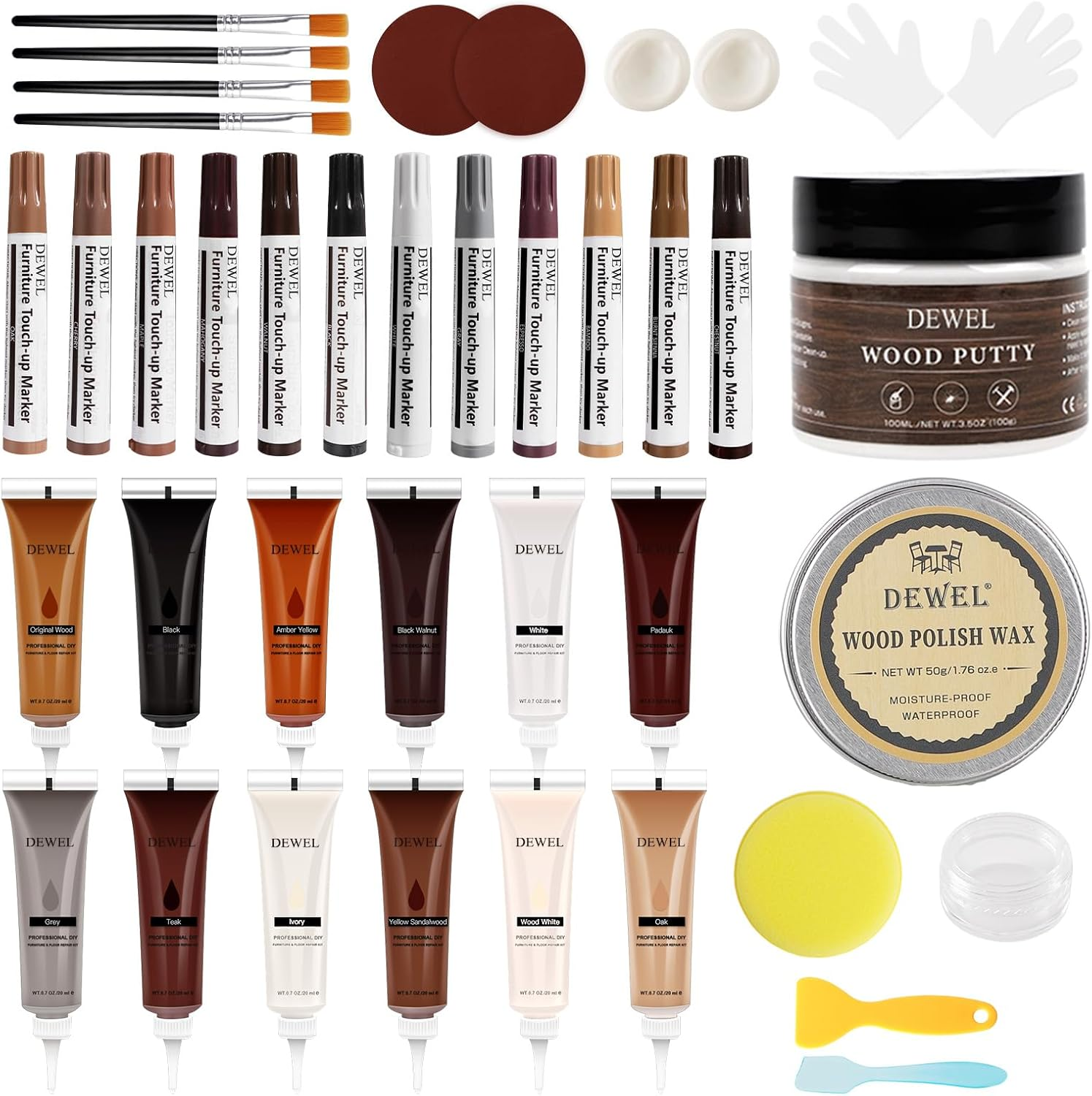 DEWEL Wood Furniture Repair Kit- 34 Sets, Wood Filler Sticks*12, Touch up Markers*12 with Wood Putty*1 for Repair and Cover Ups Scratch, Cracks, Hole, Discoloration for Door, Floor, Table image number 3