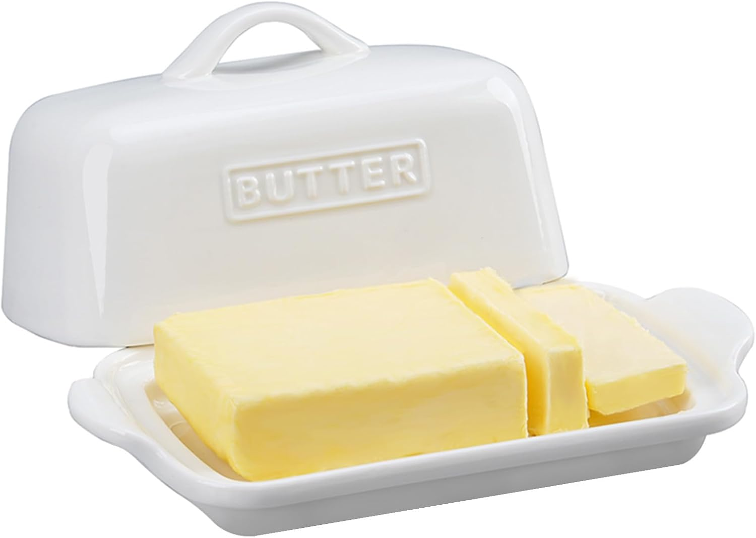 Embossed Butter Dish, Large Porcelain Butter Keeper for Countertop, Ceramic Butter Storage, Butter Holder, AU, (Color-White). image number 1