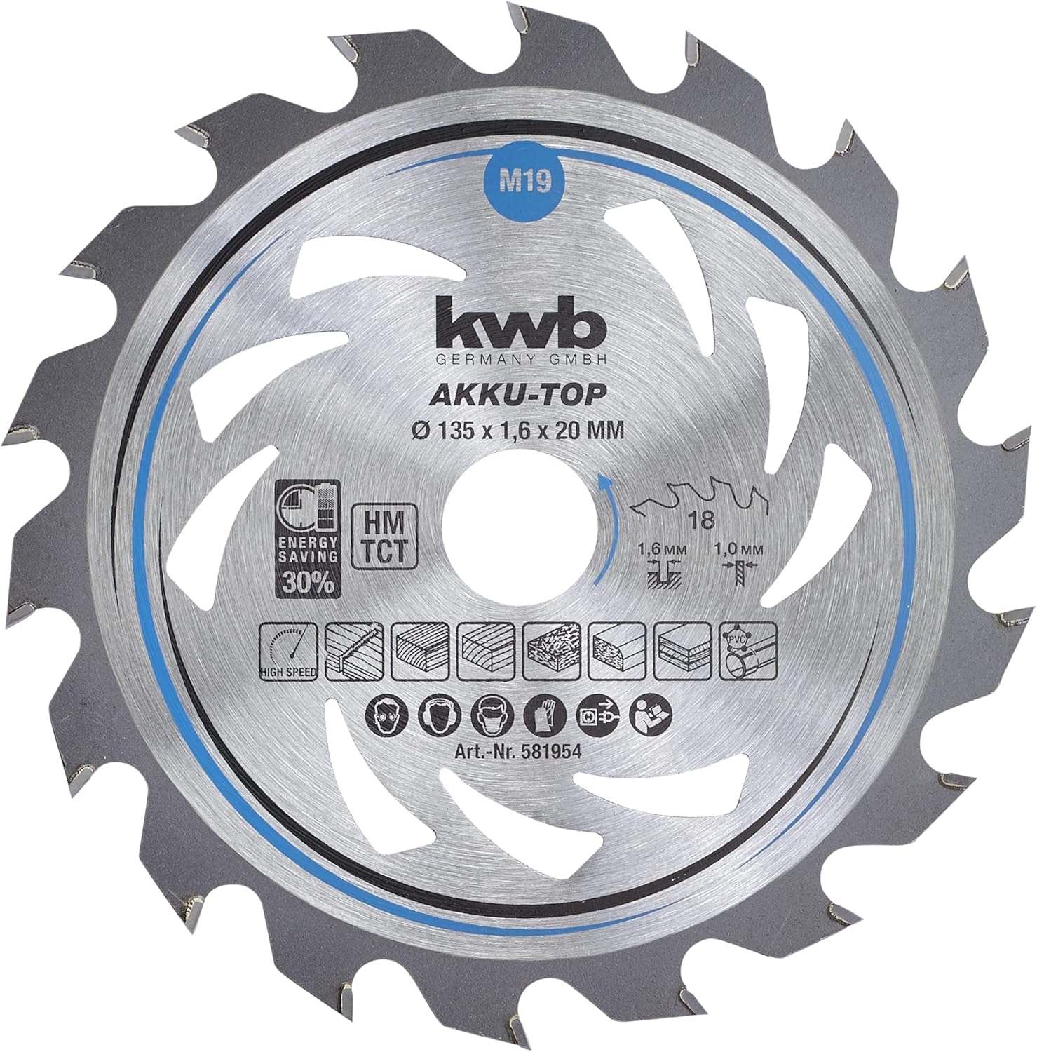 Kwb 581954 Energy-Saving Circular Saw Blade Easy, &Oslash; 135 X 20 Mm Special Alternate Tooth 18 Teeth Z18, AKKU-TOP Thin Cut, 135 X 20 image number 3