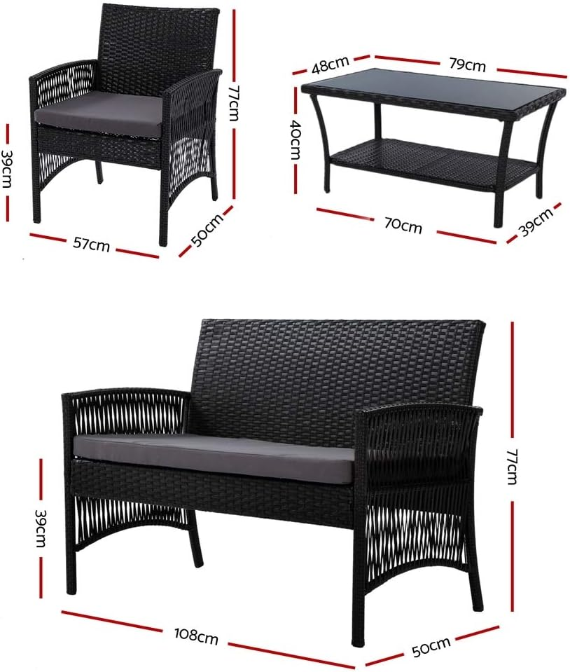 Gardeon 4PCS Outdoor Sofa Set Wicker Harp Chair Table Garden Furniture Black image number 4