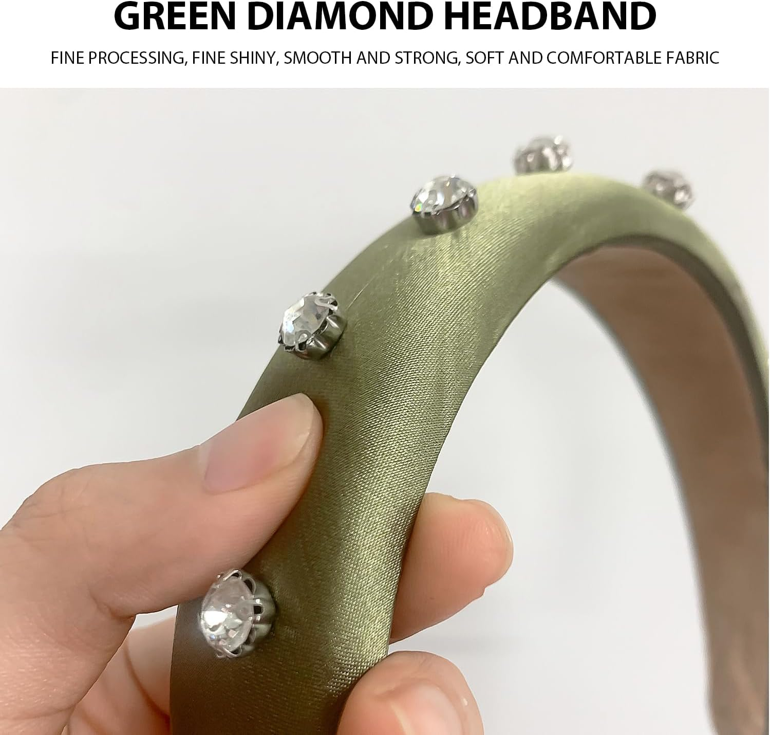 1 Piece Green Diamond Rhinestone Satin Fabric Headband Plastic Headband Suitable for Hair Accessories Unisex (Green) image number 2