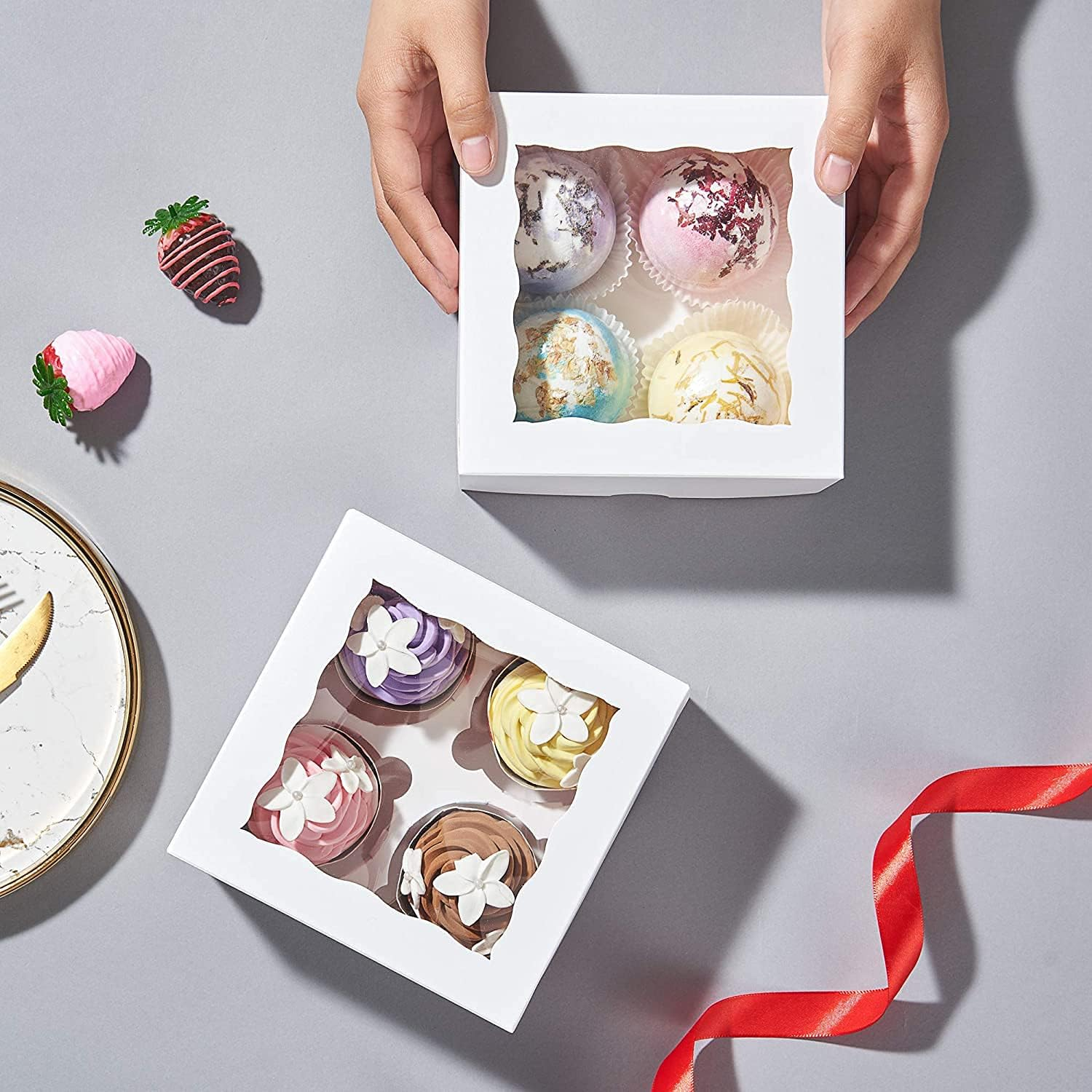 Romanticbaking 50 Pack White 4 Cupcake Boxes with Window Chocolate Bomb Boxes Bakery Box Cookies Boxes Strawberry Boxes