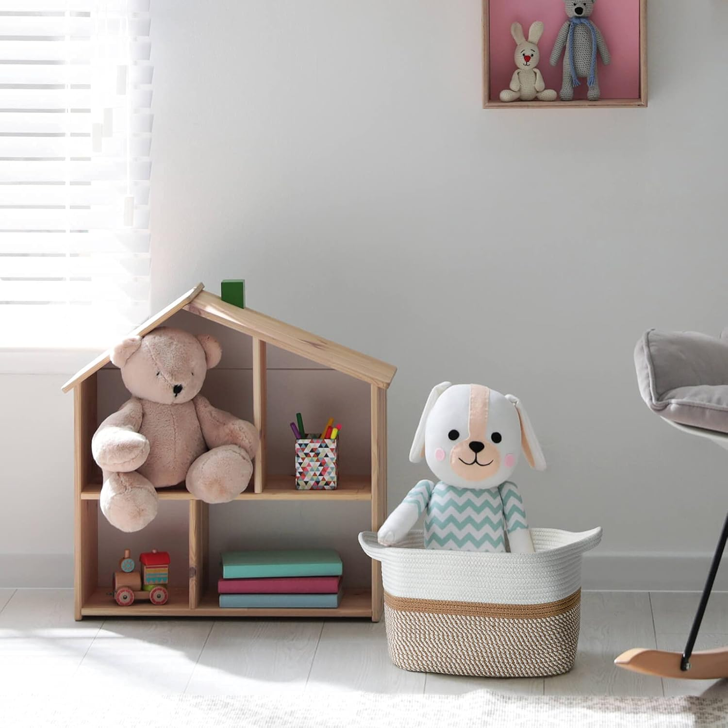 CHICVITA Square Cotton Rope Woven Basket with Handles for Books, Magazines, Toys - Decorative Rectangle Basket for Baby Nursery, Living Room, Bathroom 13.5" X 11" X 9.5", Brown and White - Brown And White image number 4