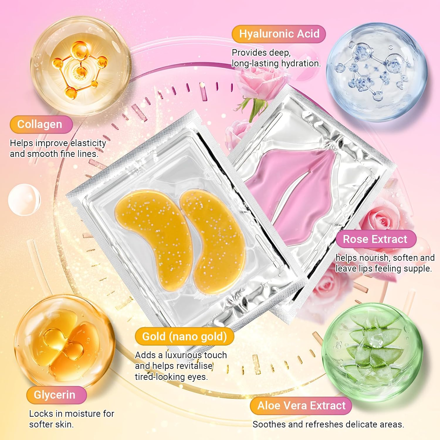 20 Pcs Collagen Gold Eye Mask & Pink Lip Mask Set&ndash;Hydrating under Eye Patches & Lip Masks for Puffy Eyes,Dark Circles & Dry Lips&ndash;Skincare Gift Set for Women image number 3
