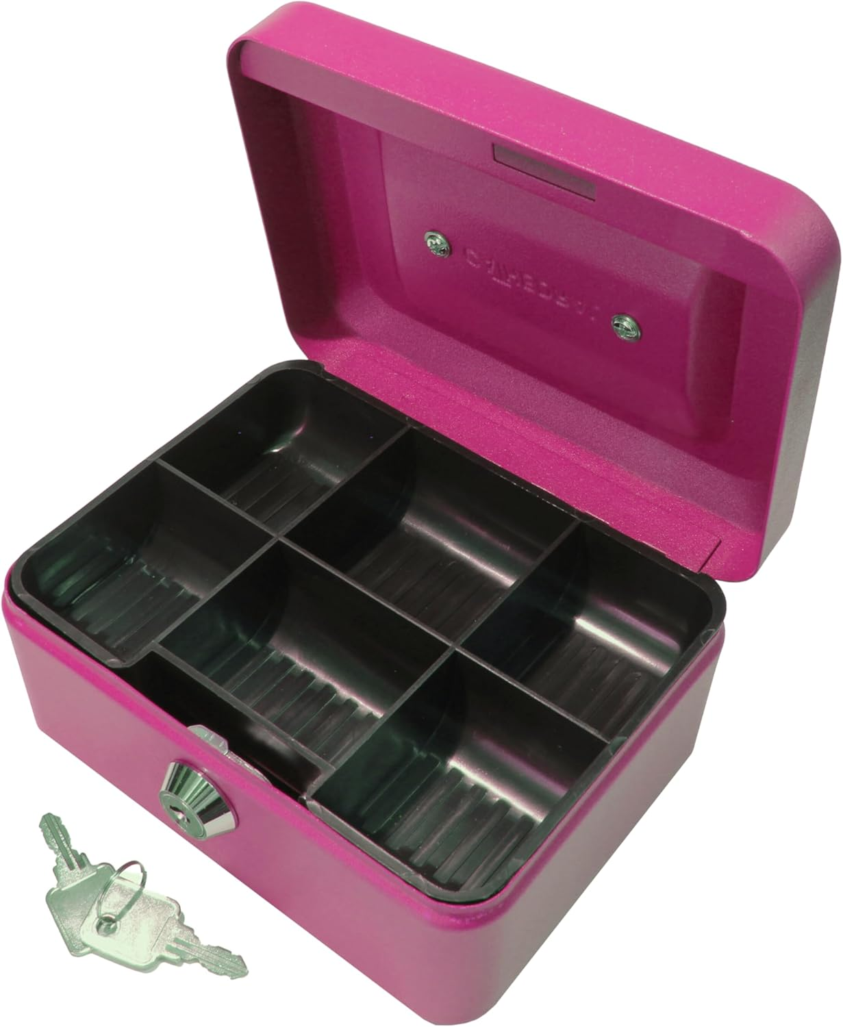 Cathedral Products Key Lockable Cash Box with Lift Out 6 Compartment Coin Tray - 6 Inch - Pink image number 7