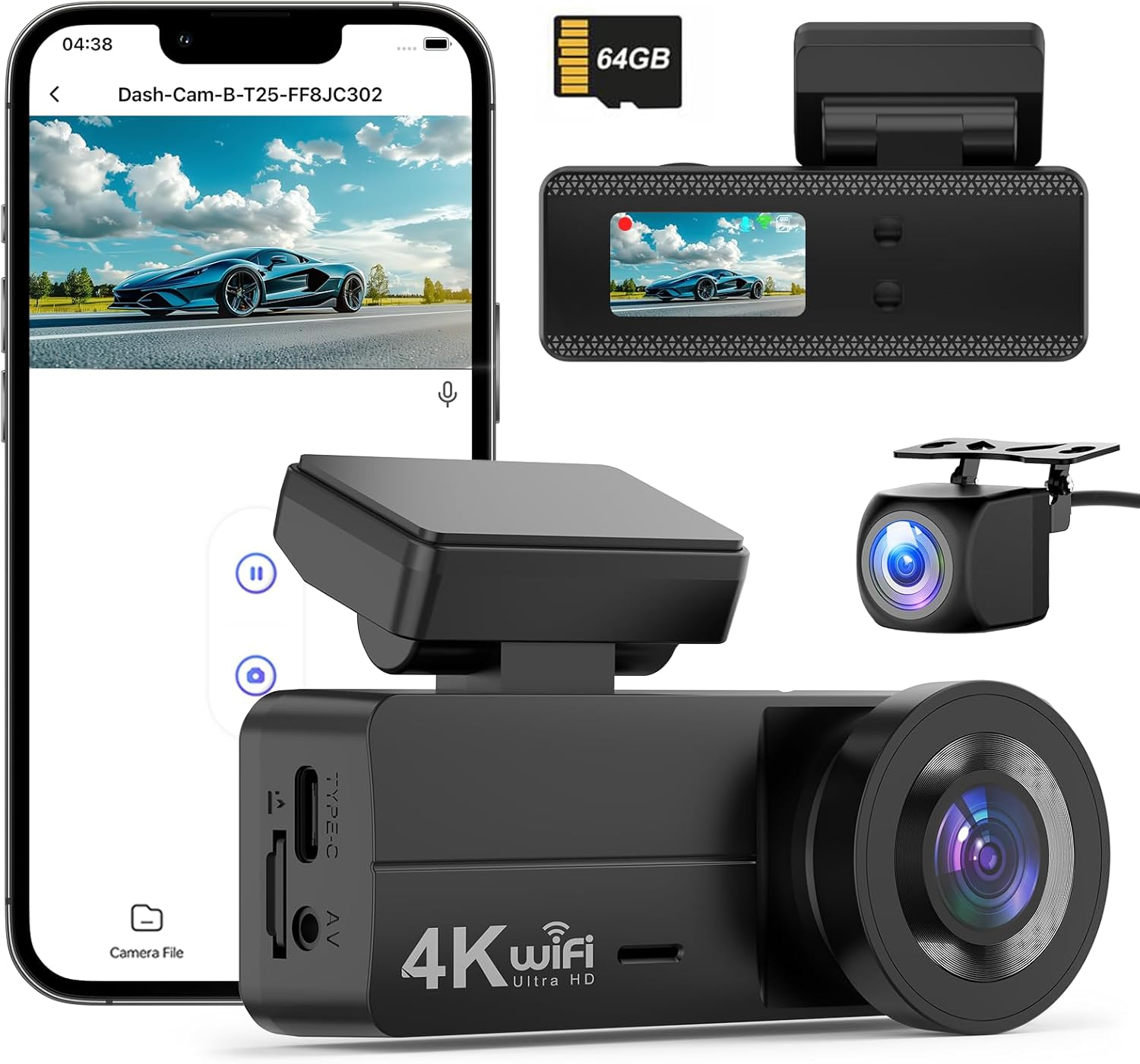 Dash Cam Front and Rear 4K+1080P, Dash Cam Inserted 64GB SD Card, Built-In Wifi, Super Night Vision, 24H Parking Mode, G-Sensor, Loop Recording, Time-Lapse, WDR, 170&deg;/140&deg;, F1.8 Aperture, 4-Layer Lens