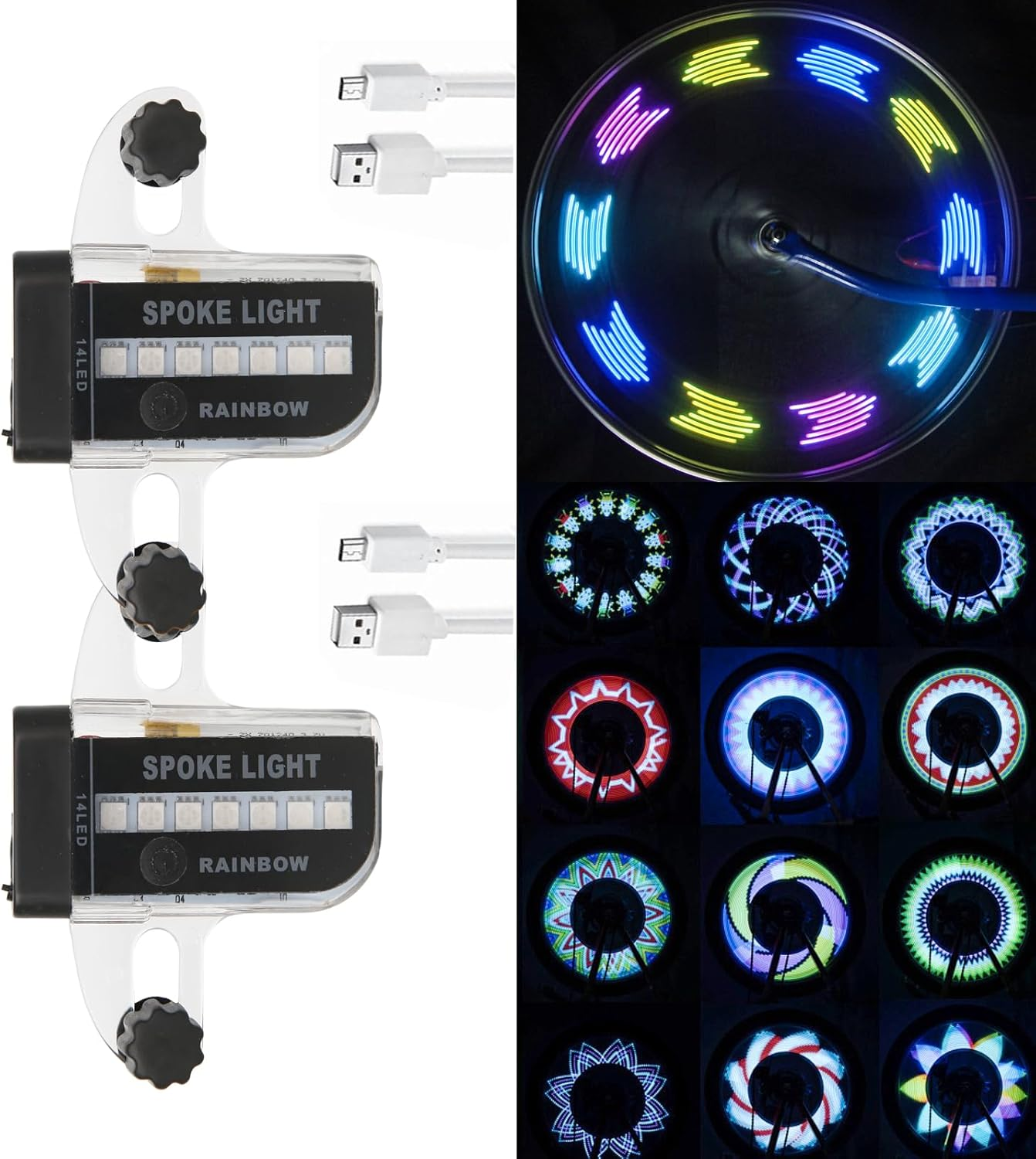 Rechargeable Bike Wheel Spoke Lights Built-In Motion Sensor - Waterproof Led Bicycle Wheel Spoke Lights, 30 Patterns Night Riding Decoration and Safety for Kids and Adults Bicycles, 2 Pack image number 1
